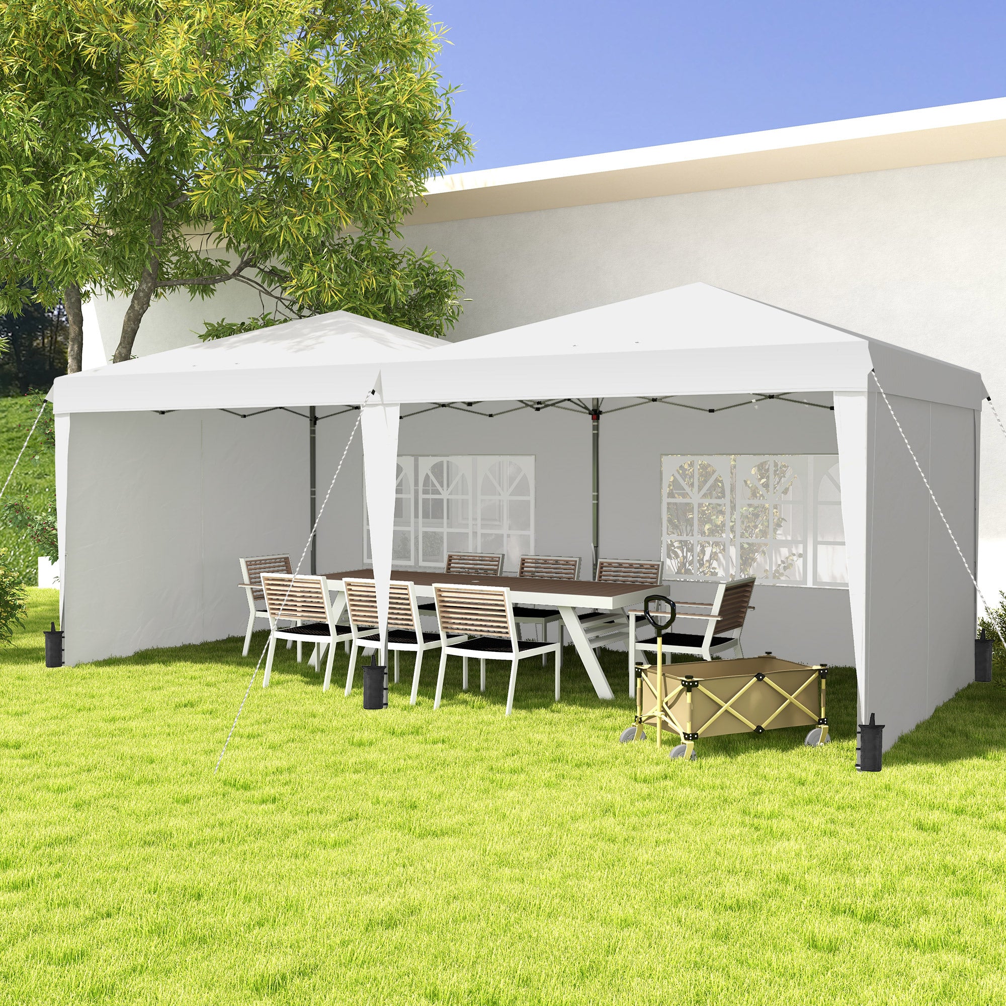 Outsunny Carpa Plegable 6x3 m Cenador de Jardín con Altura Ajustable Paredes Laterales Protección UV30+ Impermeable Sacos de Arena y Bolsa de Transporte Gazebo para Exterior Jardín Fiestas Blanco
