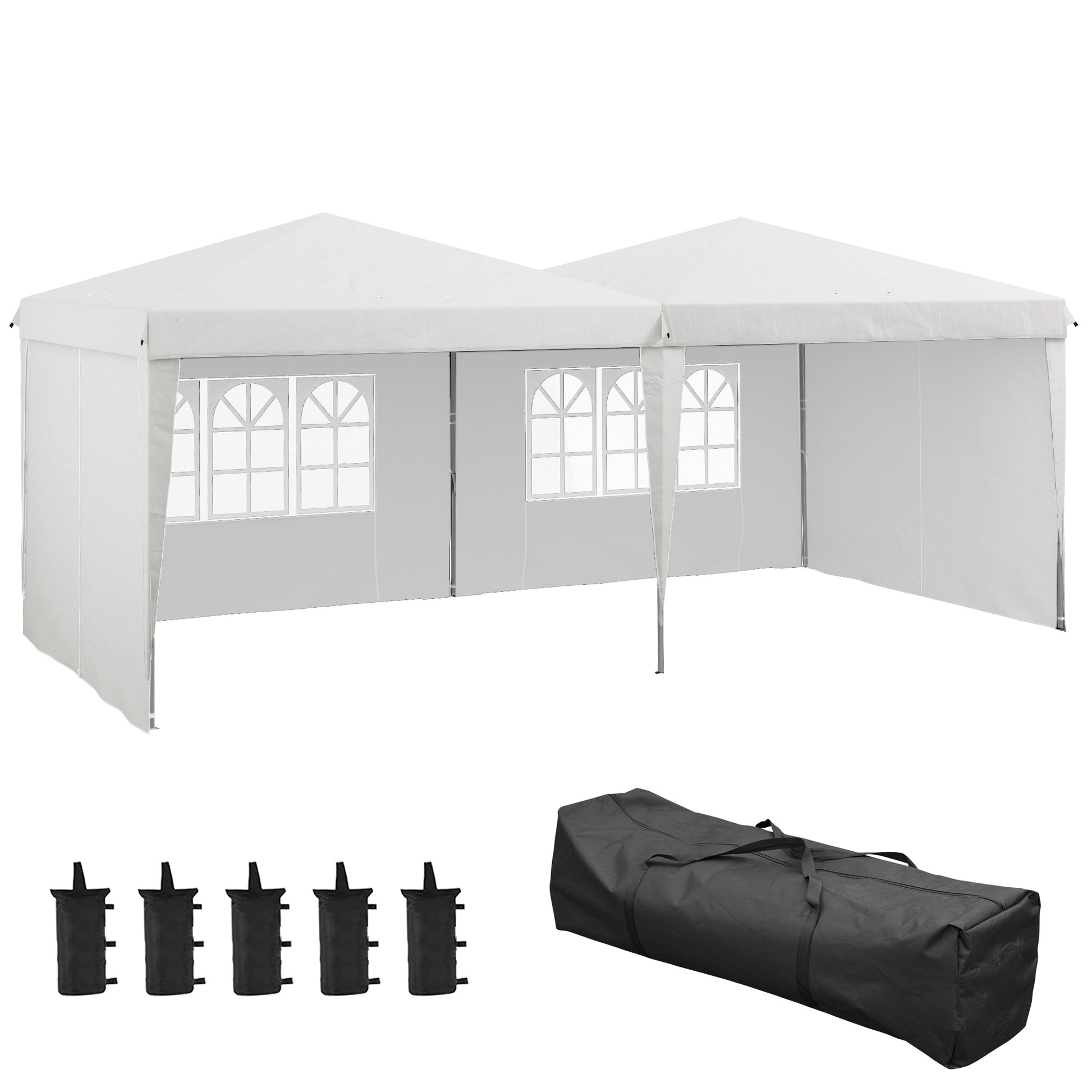 Outsunny Carpa Plegable 6x3 m Cenador de Jardín con Altura Ajustable Paredes Laterales Protección UV30+ Impermeable Sacos de Arena y Bolsa de Transporte Gazebo para Exterior Jardín Fiestas Blanco