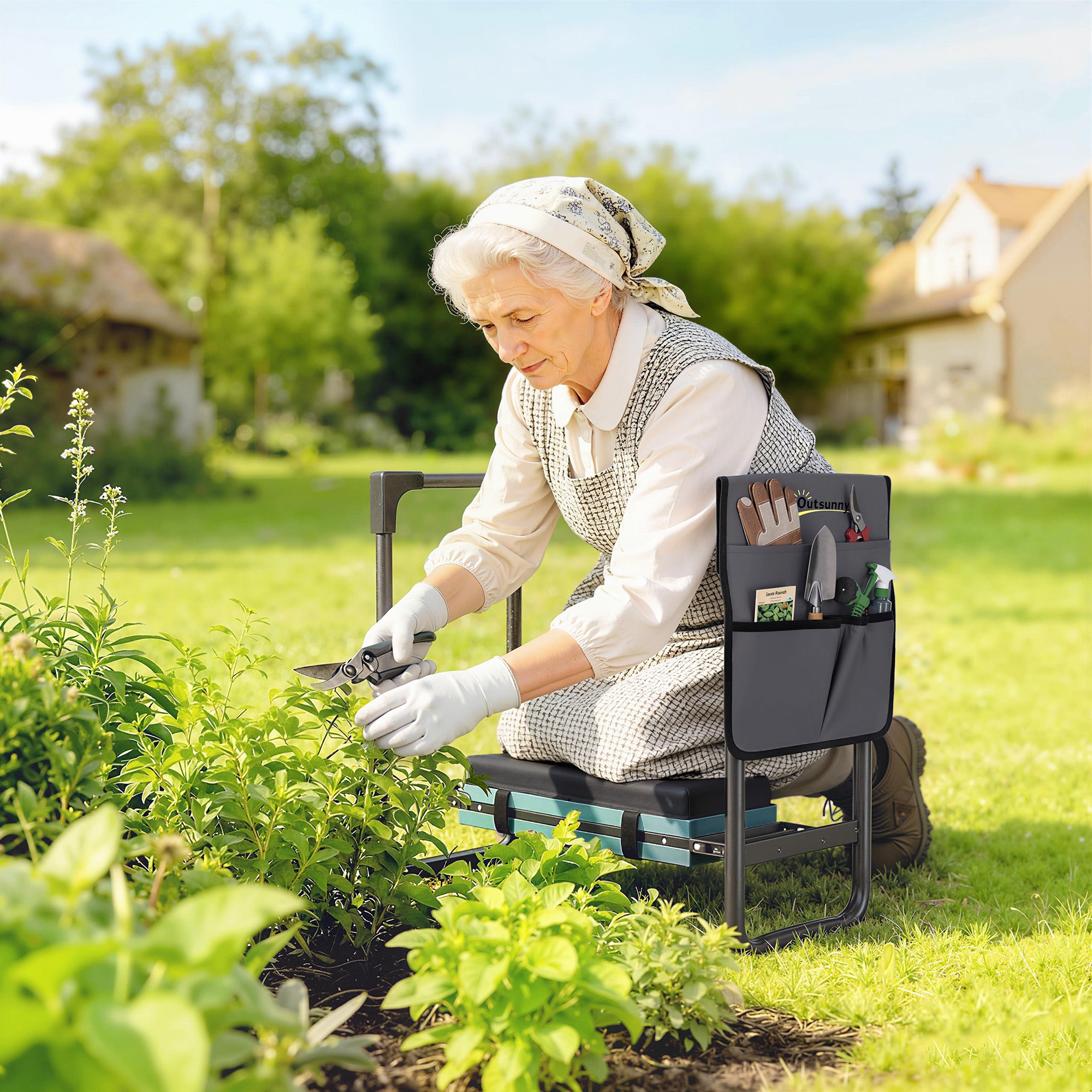 Outsunny Taburete de Jardín Plegable con Almohadilla de Espuma EVA, Asiento de Jardín Portátil con Bolsa para Herramientas, Patas Extensibles, Carga 150kg, Regalo para Jardineros Ancianos, Gris Oscuro