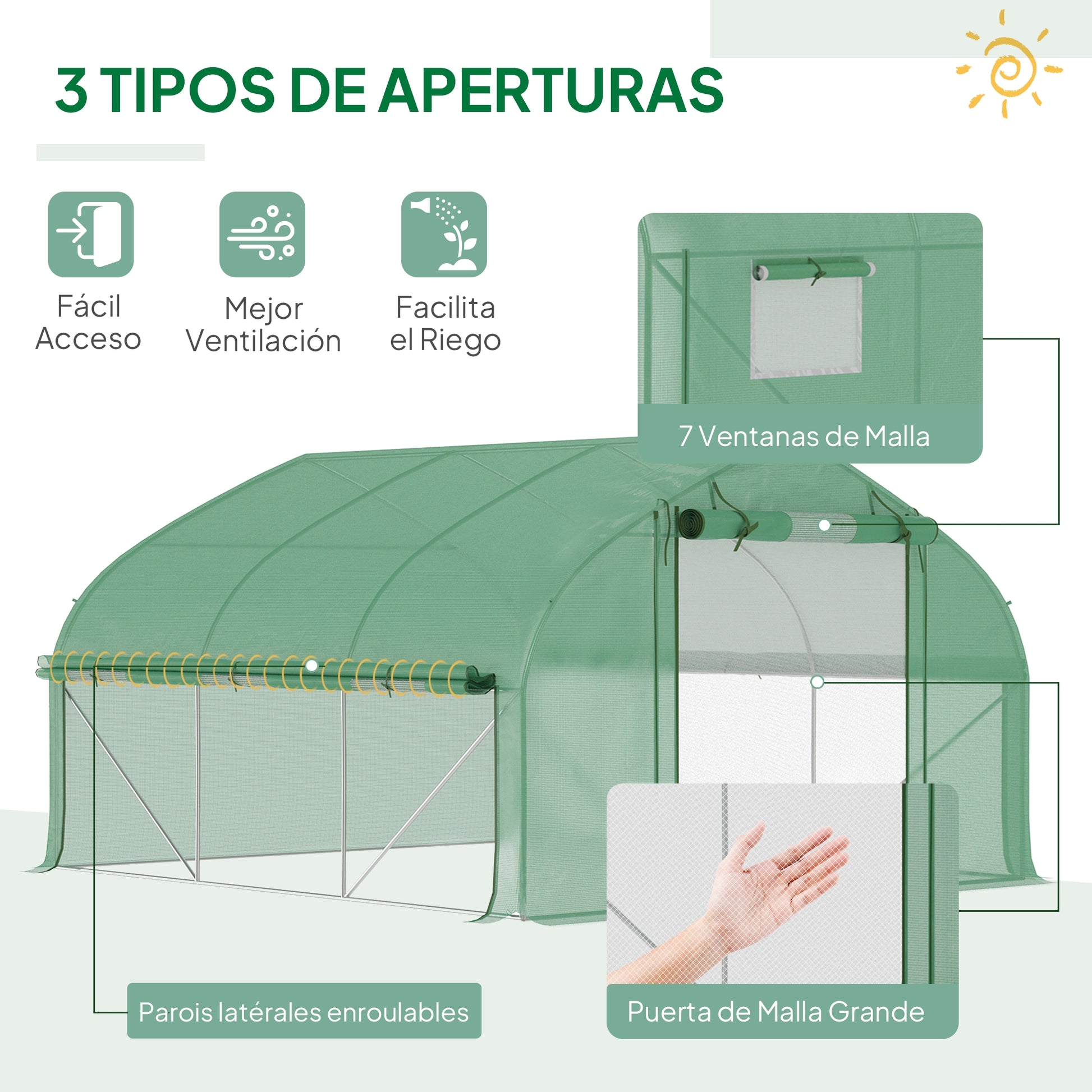 Outsunny Invernadero de Túnel 347x300x200 cm Invernadero de Jardín con Puerta Enrollable 6 Ventanas Cubierta PE 140g/m² Estructura de Acero Galvanizado para Cultivos Plantas Flores Verde