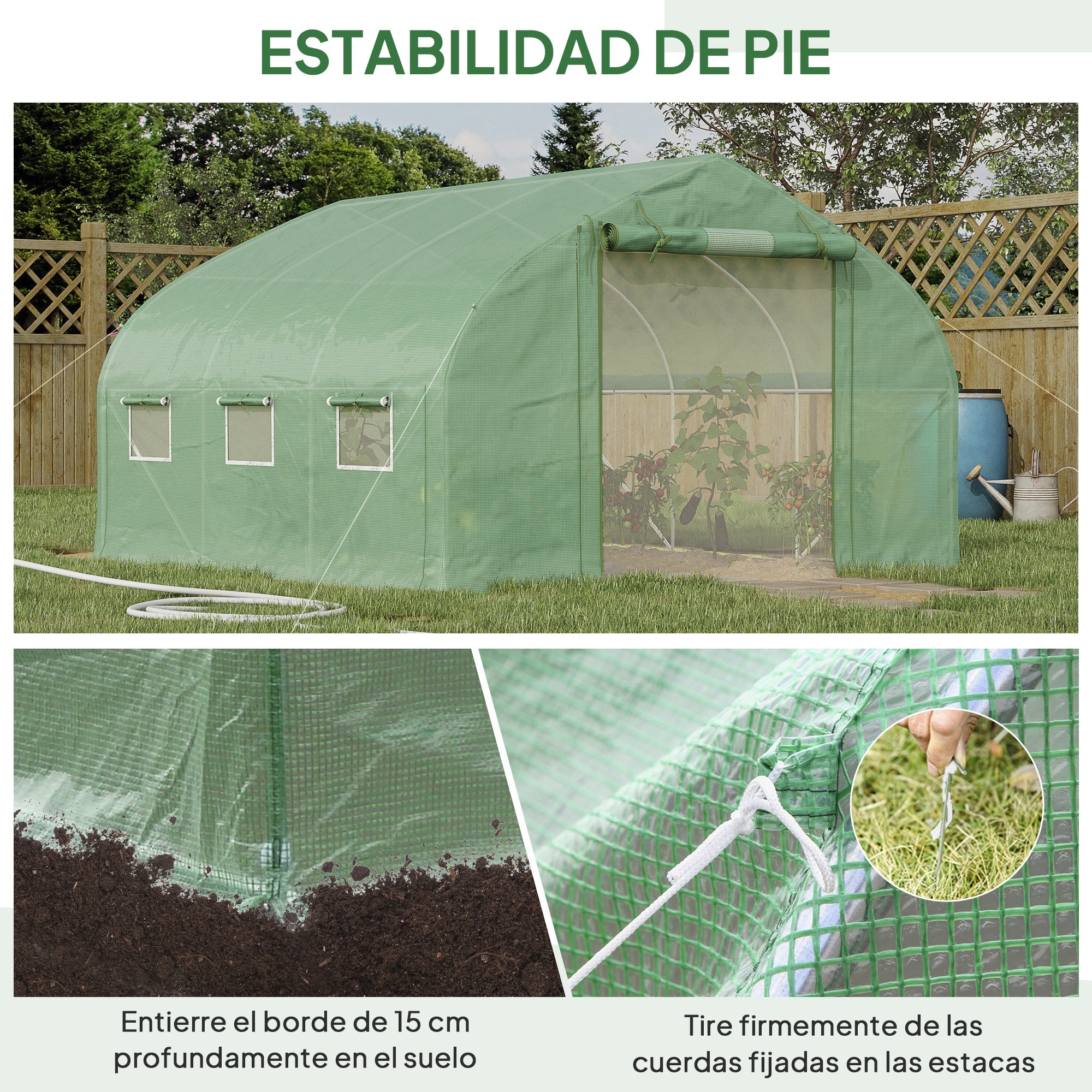 Outsunny Invernadero de Túnel 347x300x200 cm Invernadero de Jardín con Puerta Enrollable 6 Ventanas Cubierta PE 140g/m² Estructura de Acero Galvanizado para Cultivos Plantas Flores Verde