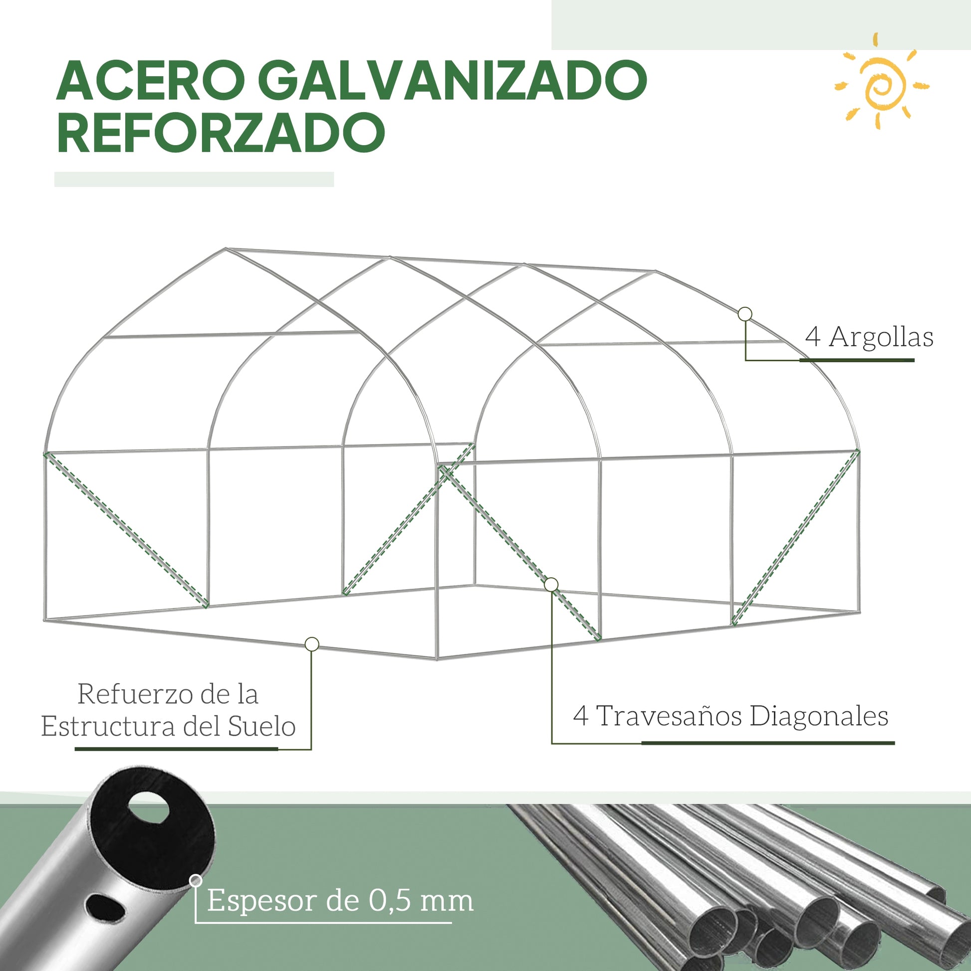 Outsunny Invernadero de Túnel 347x300x200 cm Invernadero de Jardín con Puerta Enrollable 6 Ventanas Cubierta PE 140g/m² Estructura de Acero Galvanizado para Cultivos Plantas Flores Verde