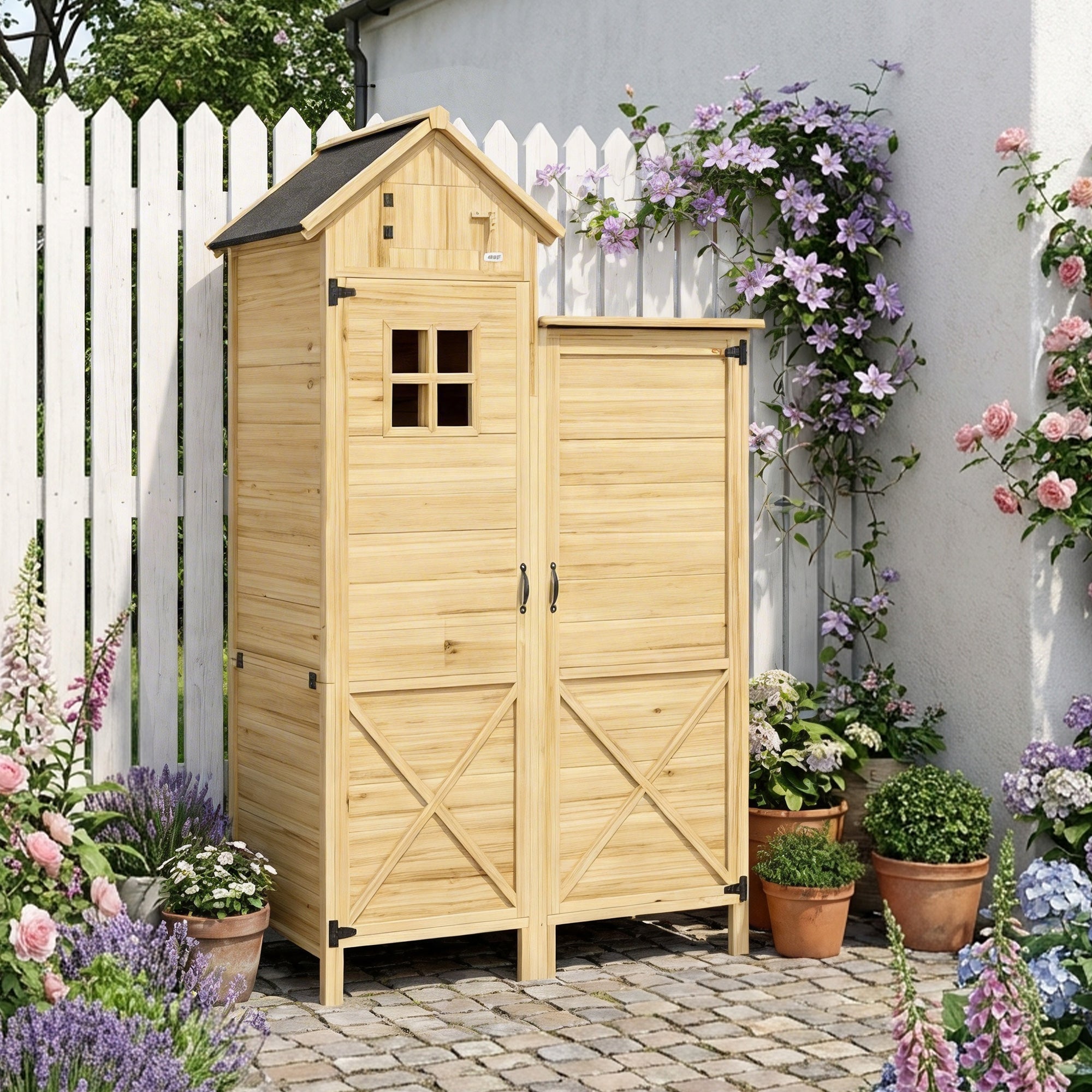 Outsunny Caseta de Jardín de Madera 106x57x167 cm, Cobertizo Jardín Exterior, Armario para Herramientas con Doble Zona, Puertas, Estantes Desmontables, Techo Asfáltico Impermeable y Ventana, Natural
