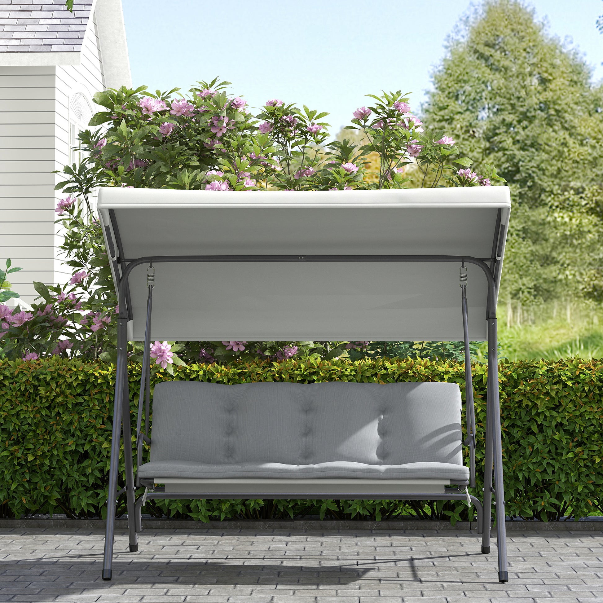 Outsunny Columpio de Jardín Exterior de 3 Plazas, Balancín de Jardín Exterior con Techo Ajustable y Marco de Acero, para Balcón, Terraza, Patio, Carga 210 kg, 172x110x156 cm, Gris Claro