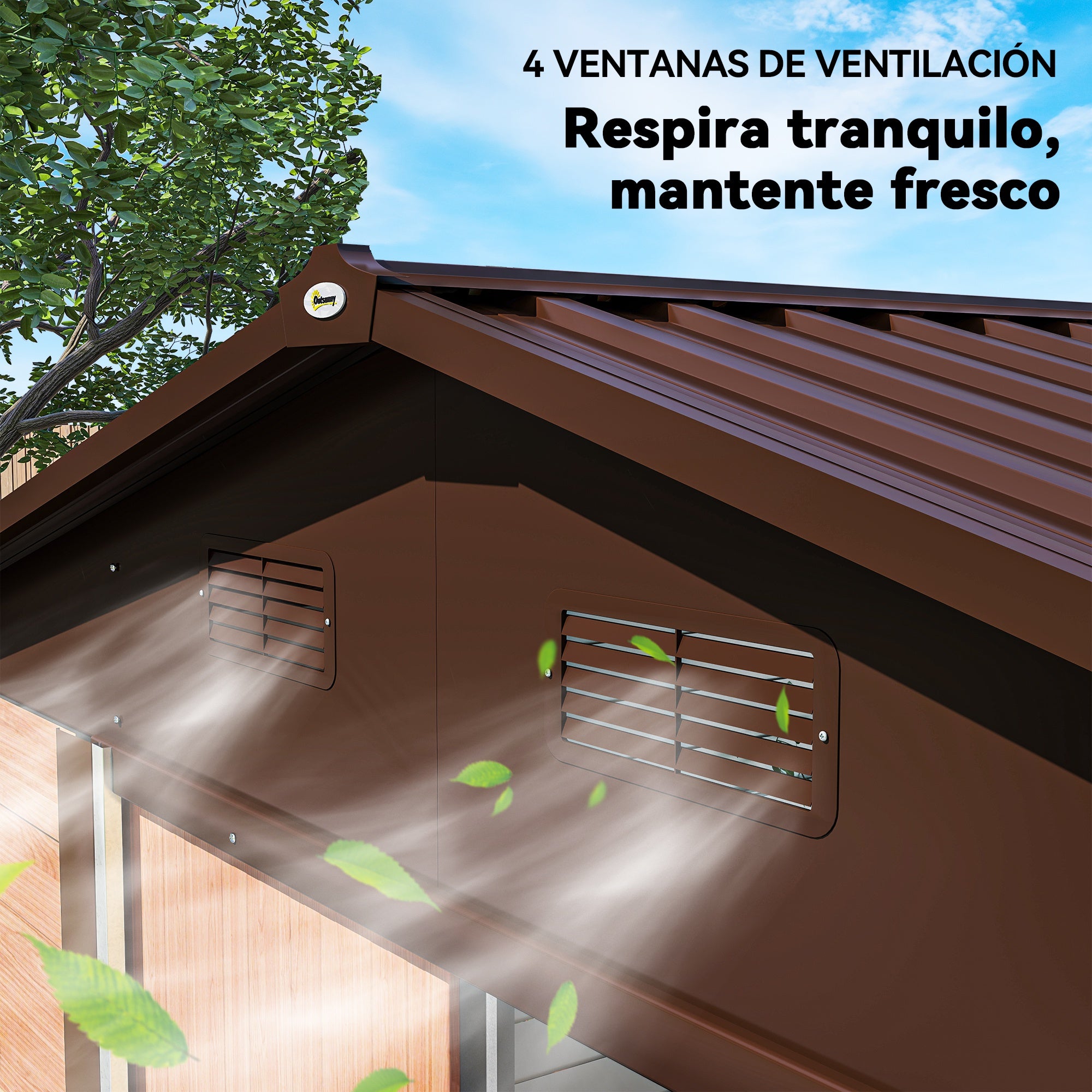 Outsunny Caseta de Jardín Exterior 4,84 m² 278x195x215 cm Cobertizo de Jardín Exterior Metálica con 2 Puertas Corredizas y 4 Ventanas para Almacenamiento de Herramientas Efecto Madera Natural y Café