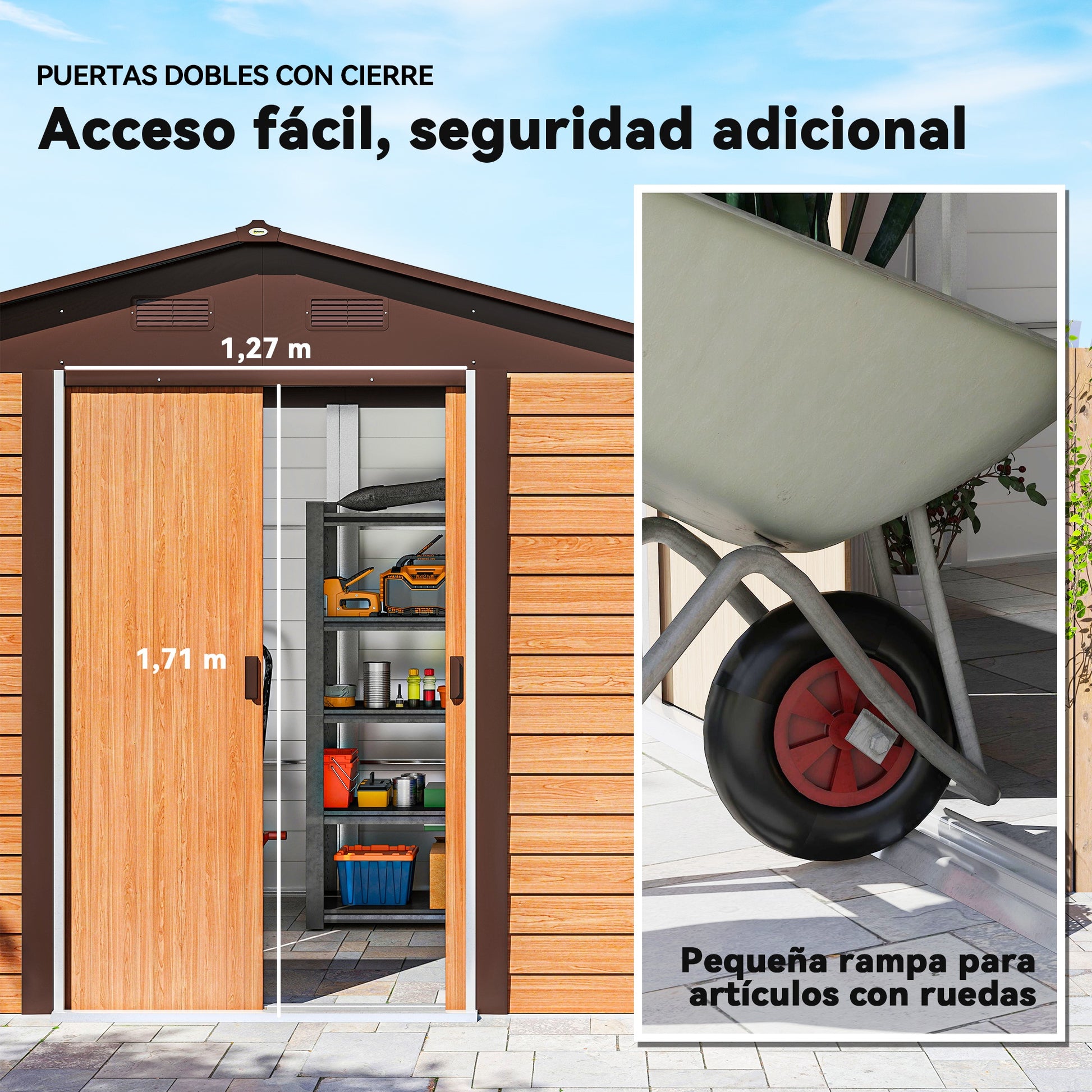 Outsunny Caseta de Jardín Exterior 4,84 m² 278x195x215 cm Cobertizo de Jardín Exterior Metálica con 2 Puertas Corredizas y 4 Ventanas para Almacenamiento de Herramientas Efecto Madera Natural y Café