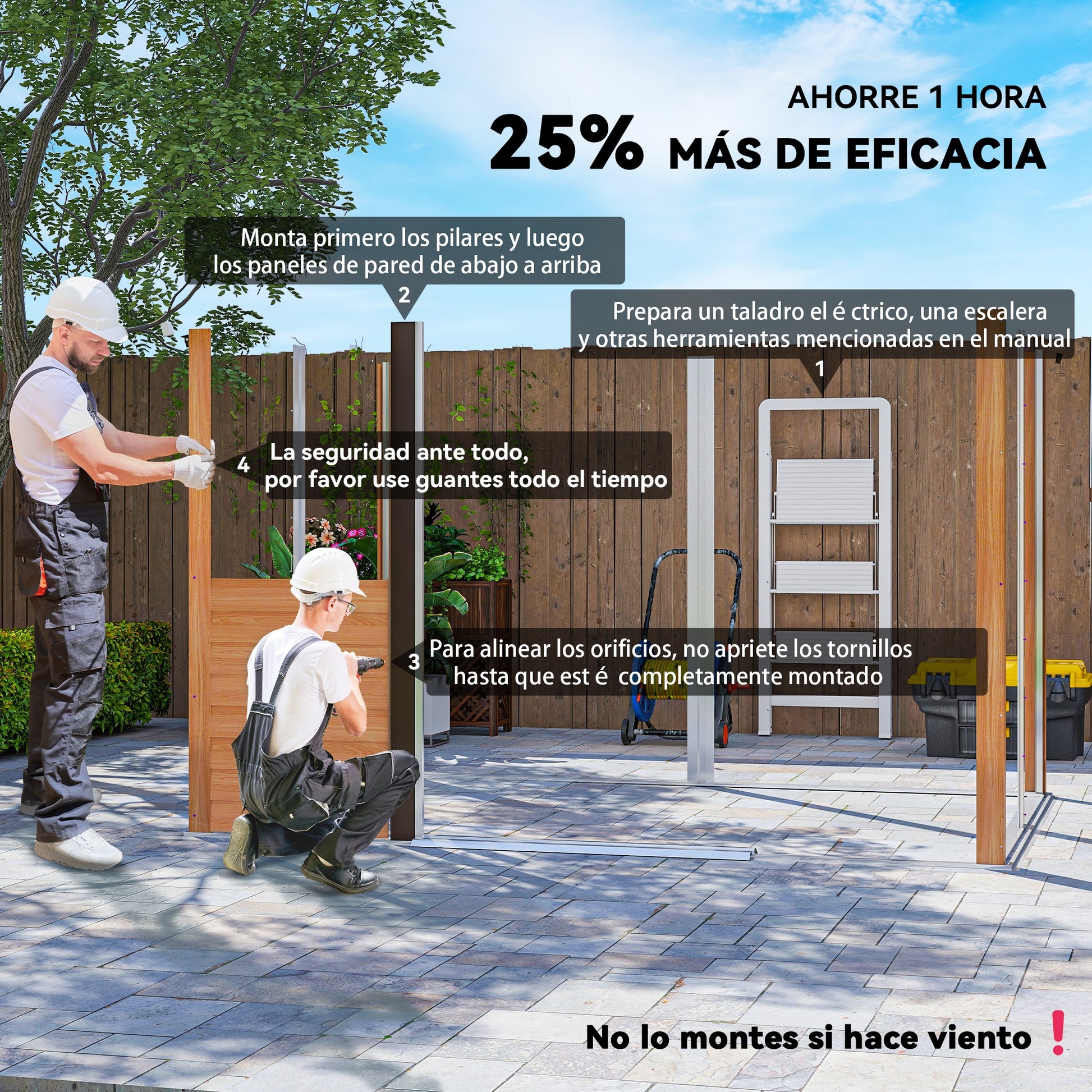 Outsunny Caseta de Jardín Exterior 4,84 m² 278x195x215 cm Cobertizo de Jardín Exterior Metálica con 2 Puertas Corredizas y 4 Ventanas para Almacenamiento de Herramientas Efecto Madera Natural y Café