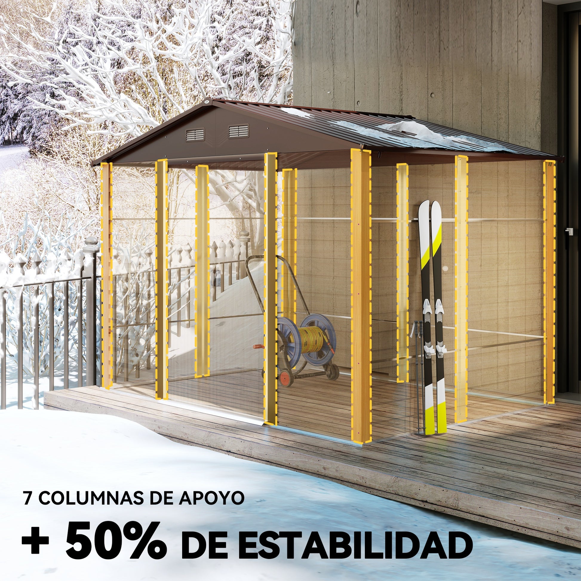 Outsunny Caseta de Jardín Exterior 4,84 m² 278x195x215 cm Cobertizo de Jardín Exterior Metálica con 2 Puertas Corredizas y 4 Ventanas para Almacenamiento de Herramientas Efecto Madera Natural y Café
