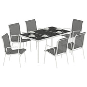 Outsunny Conjunto de Mesa y Sillas Jardín de 7 Piezas, Muebles Jardín Exterior con Mesa de Vidrio Templado, 6 Sillas Apilables Transpirables, Marco de Metal Resistente a la Intemperie, Blanco y Gris