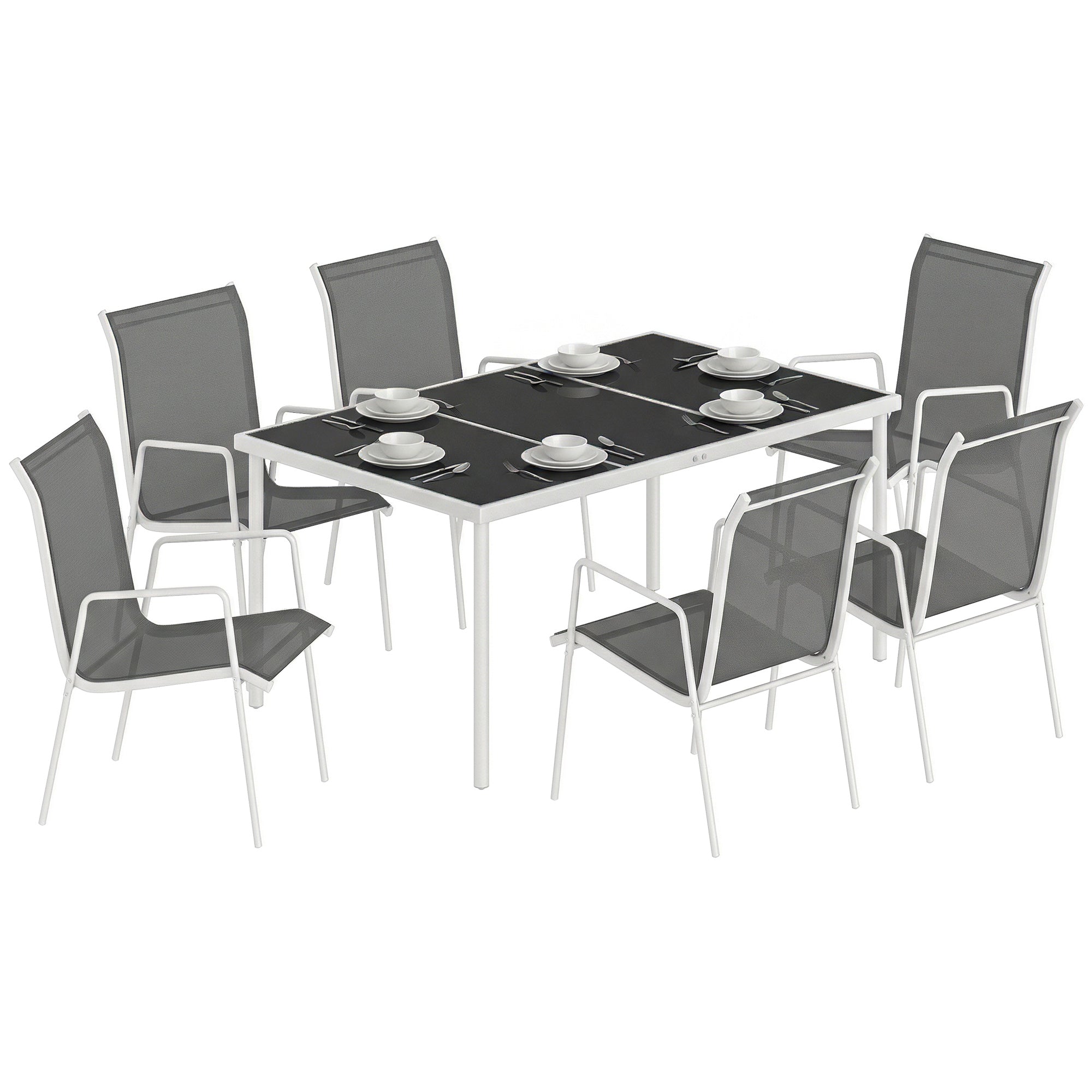 Outsunny Conjunto de Mesa y Sillas Jardín de 7 Piezas, Muebles Jardín Exterior con Mesa de Vidrio Templado, 6 Sillas Apilables Transpirables, Marco de Metal Resistente a la Intemperie, Blanco y Gris