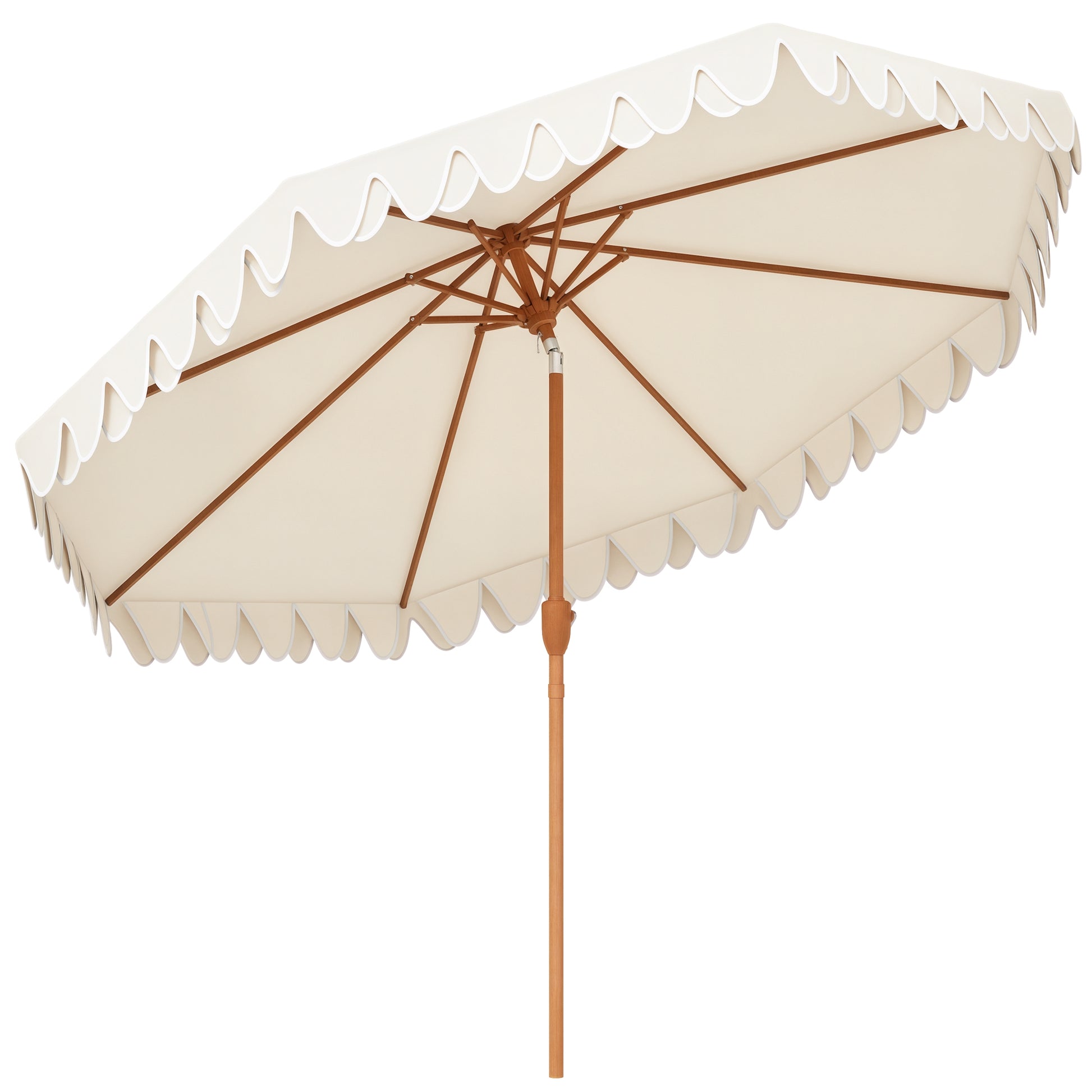 Outsunny Sombrilla Terraza Exterior, Ø264x240 cm, Sombrilla de Jardín con Ángulo Ajustable, Manivela y Volantes, Impermeable, Parasol para Playa, Patio, Balcón, Crema