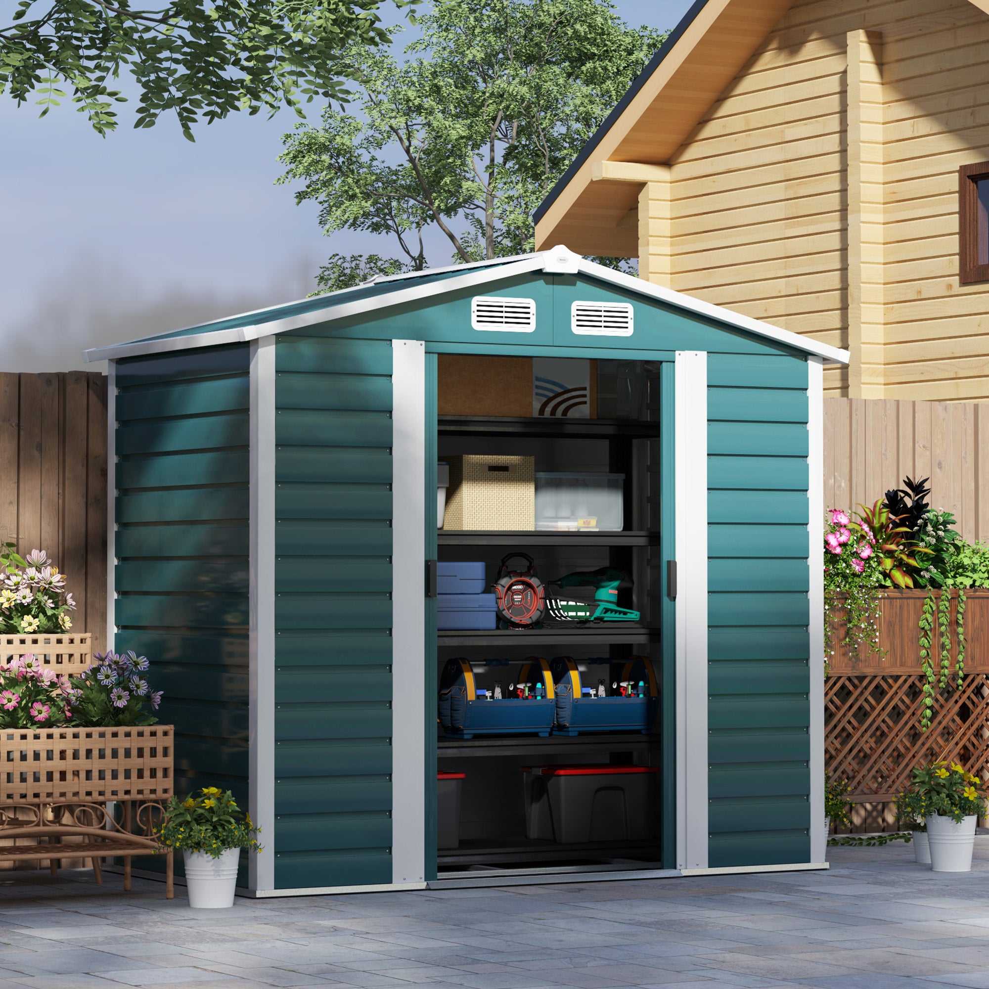 Outsunny Caseta de Jardín Exterior 2,36m² 213x120x194 cm Cobertizo de Jardín Exterior con Base Refuerzo (Suelo NO Incluido) Puertas Correderas Dobles Candado Ventanas Verde Oscuro