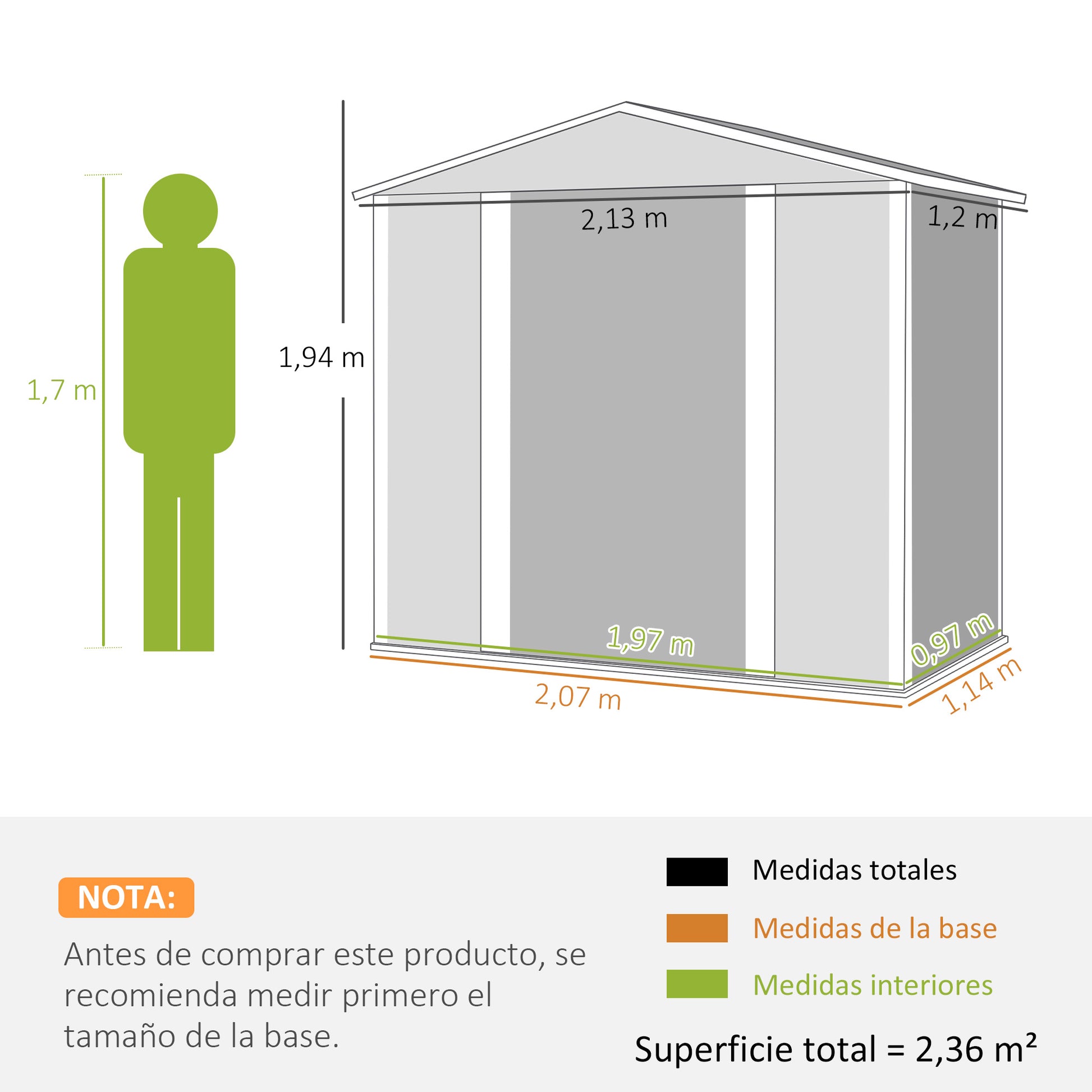 Outsunny Caseta de Jardín Exterior 2,36m² 213x120x194 cm Cobertizo de Jardín Exterior con Base Refuerzo (Suelo NO Incluido) Puertas Correderas Dobles Candado Ventanas Verde Oscuro