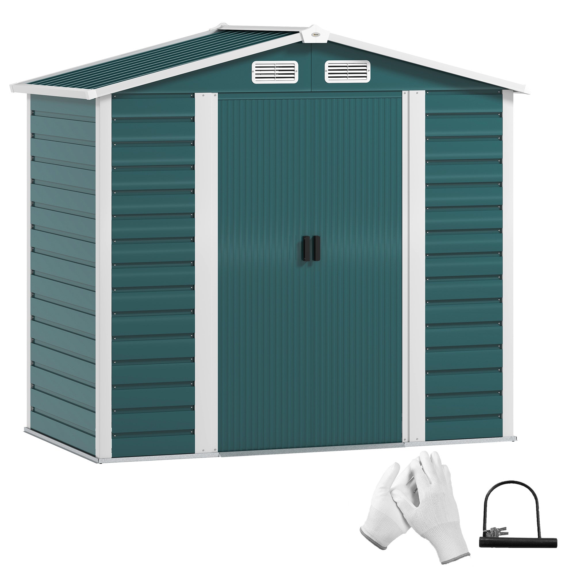 Outsunny Caseta de Jardín Exterior 2,36m² 213x120x194 cm Cobertizo de Jardín Exterior con Base Refuerzo (Suelo NO Incluido) Puertas Correderas Dobles Candado Ventanas Verde Oscuro