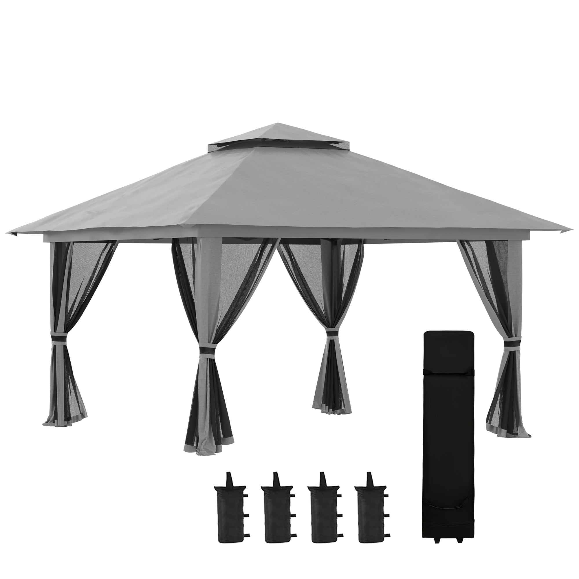 Outsunny Carpa Plegable Pop-up 4x4x2,8 m Cenador de Jardín con Paredes Altura Ajustable Anti-UV Impermeable Doble Techo Mosquiteras y Bolsa de Ruedas Gazebo para Exterior Fiestas Camping Gris Oscuro