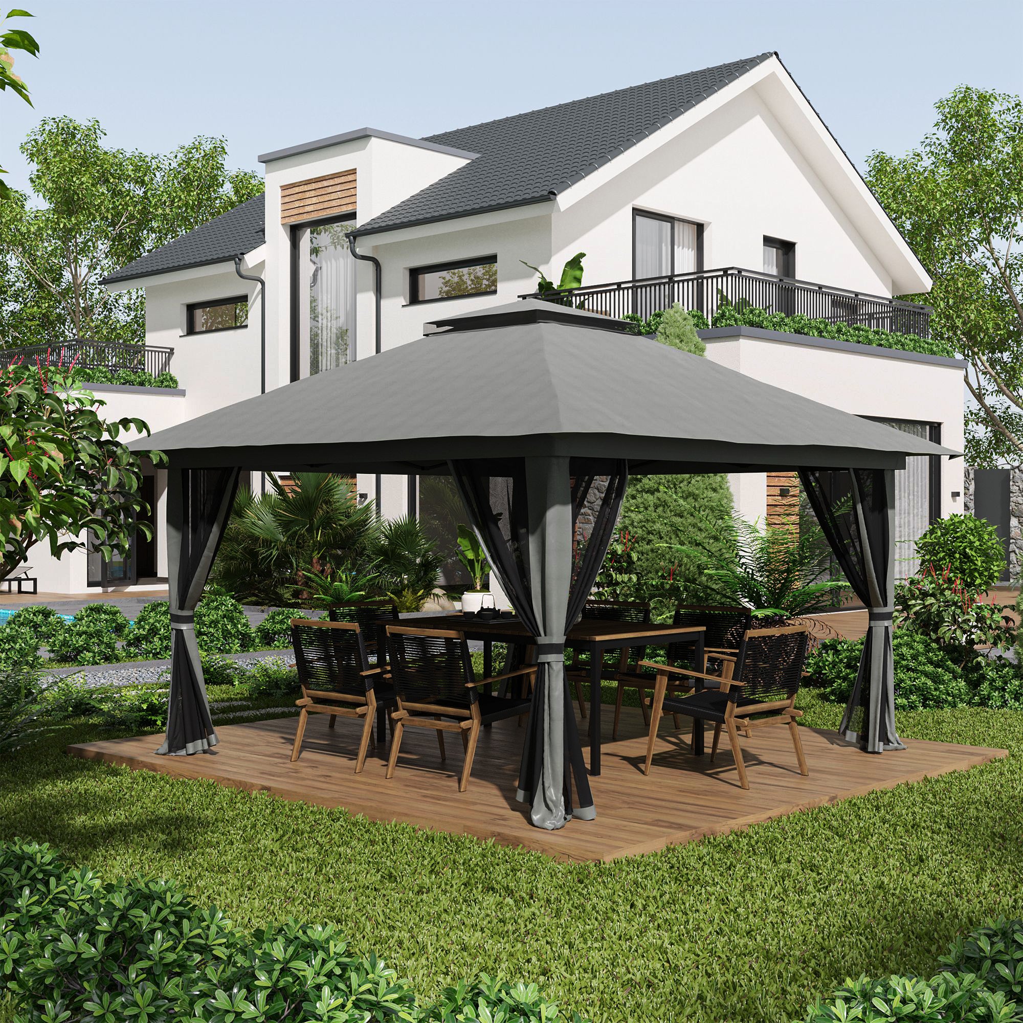 Outsunny Carpa Plegable Pop-up 4x4x2,8 m Cenador de Jardín con Paredes Altura Ajustable Anti-UV Impermeable Doble Techo Mosquiteras y Bolsa de Ruedas Gazebo para Exterior Fiestas Camping Gris Oscuro