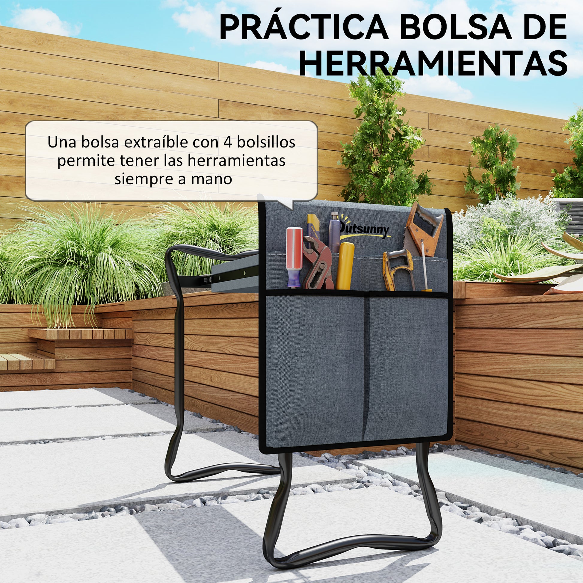 Outsunny Taburete de Jardín Plegable con Almohadilla de Espuma EVA, Asiento de Jardín 2 en 1 con Bolsa para Herramientas, Portátil, Carga 150kg, Regalo para Jardinería, Jardineros y Ancianos
