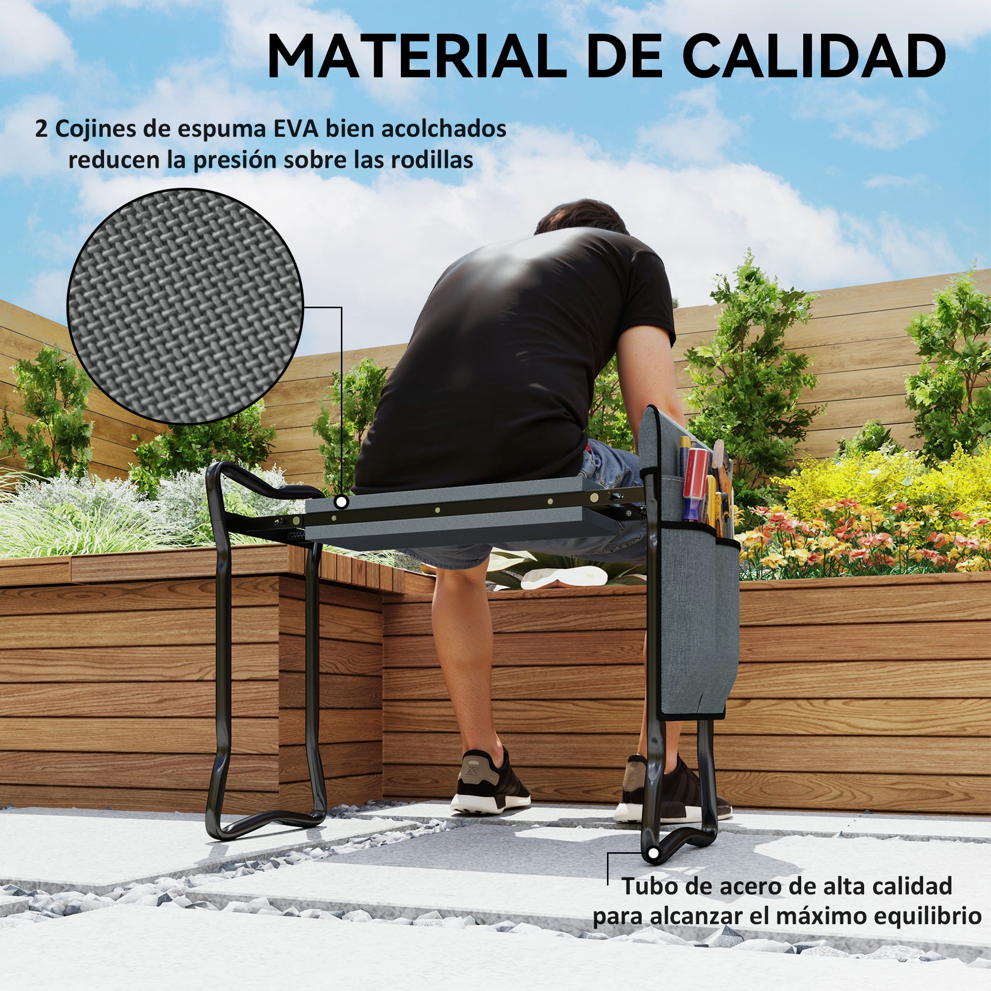 Outsunny Taburete de Jardín Plegable con Almohadilla de Espuma EVA, Asiento de Jardín 2 en 1 con Bolsa para Herramientas, Portátil, Carga 150kg, Regalo para Jardinería, Jardineros y Ancianos