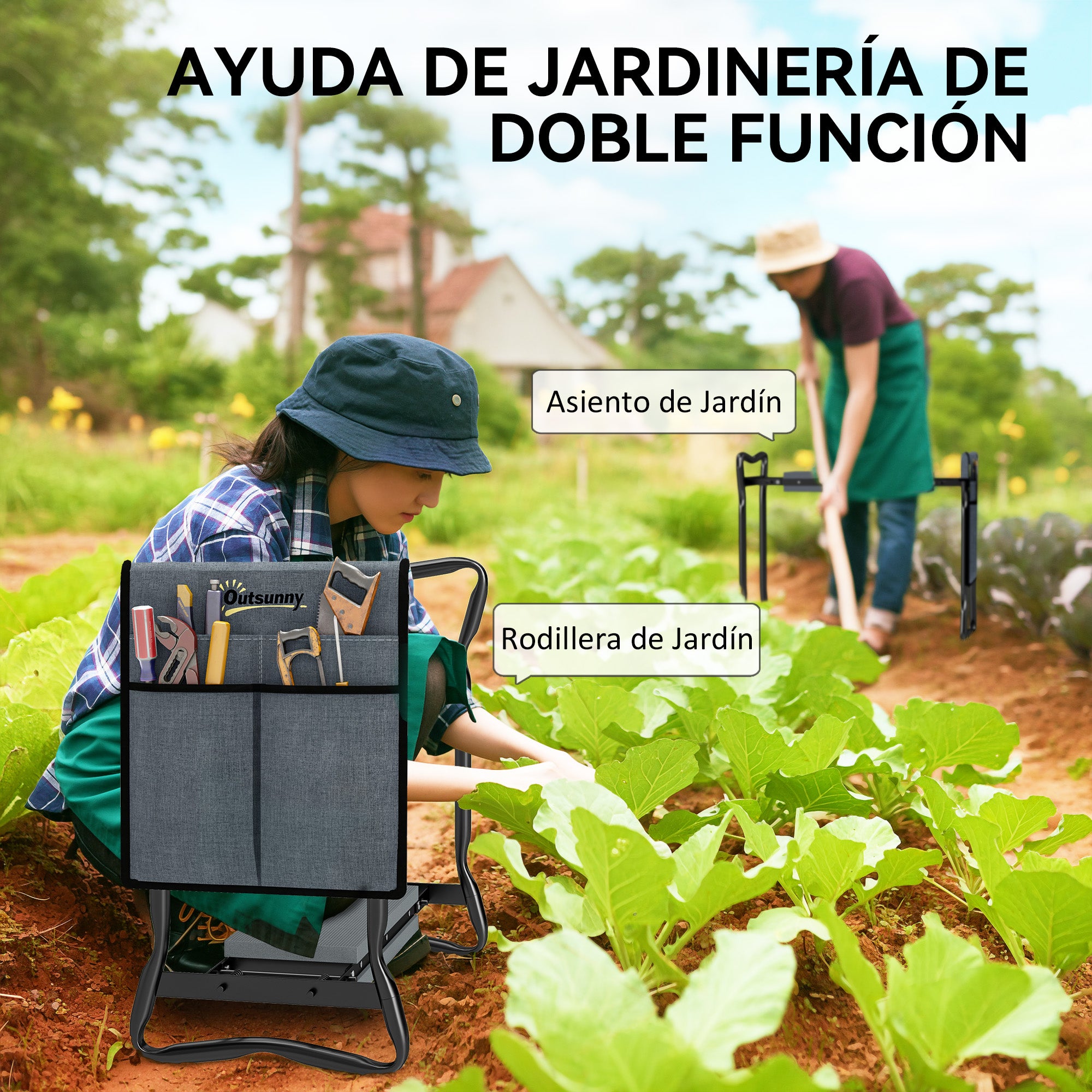 Outsunny Taburete de Jardín Plegable con Almohadilla de Espuma EVA, Asiento de Jardín 2 en 1 con Bolsa para Herramientas, Portátil, Carga 150kg, Regalo para Jardinería, Jardineros y Ancianos