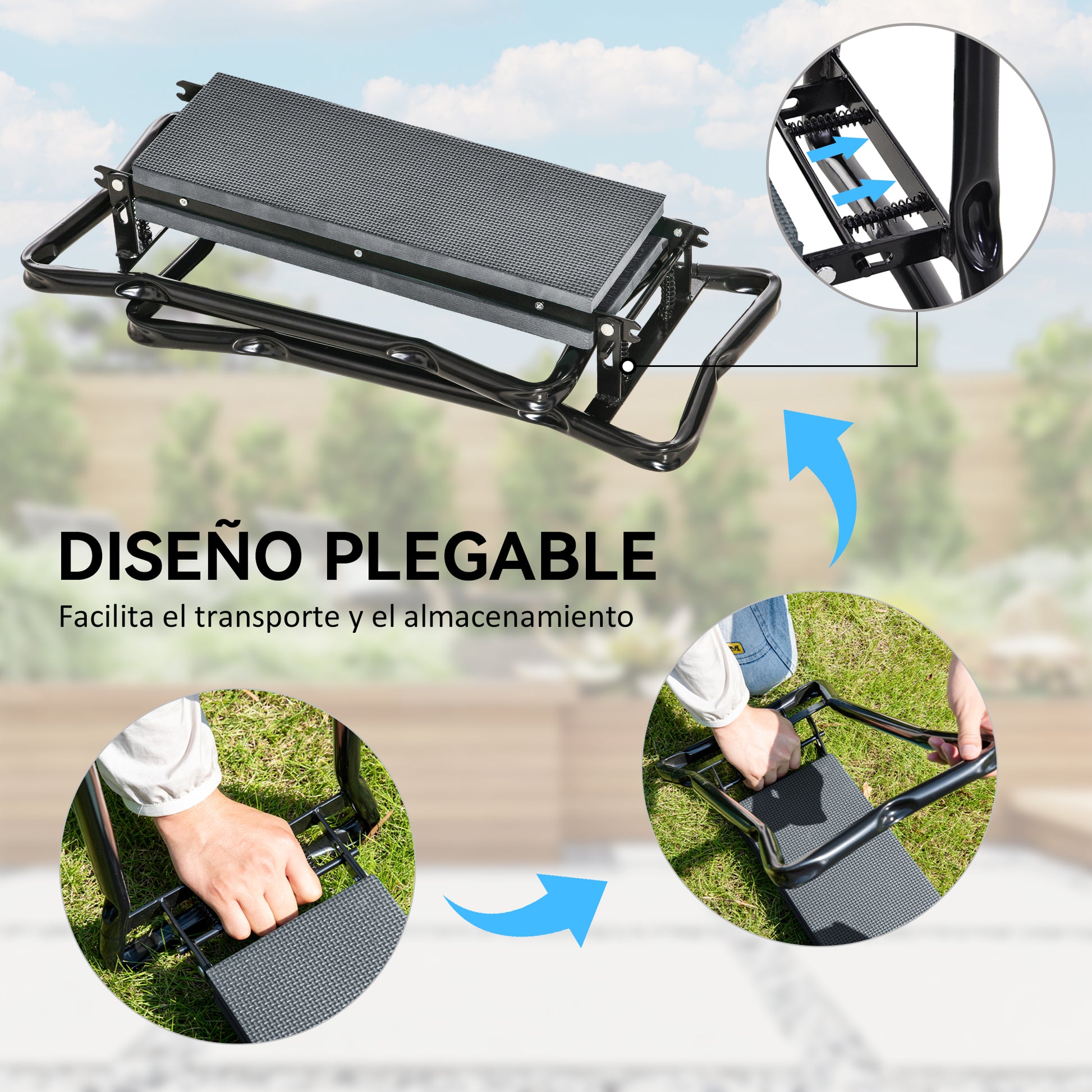 Outsunny Taburete de Jardín Plegable con Almohadilla de Espuma EVA, Asiento de Jardín 2 en 1 con Bolsa para Herramientas, Portátil, Carga 150kg, Regalo para Jardinería, Jardineros y Ancianos