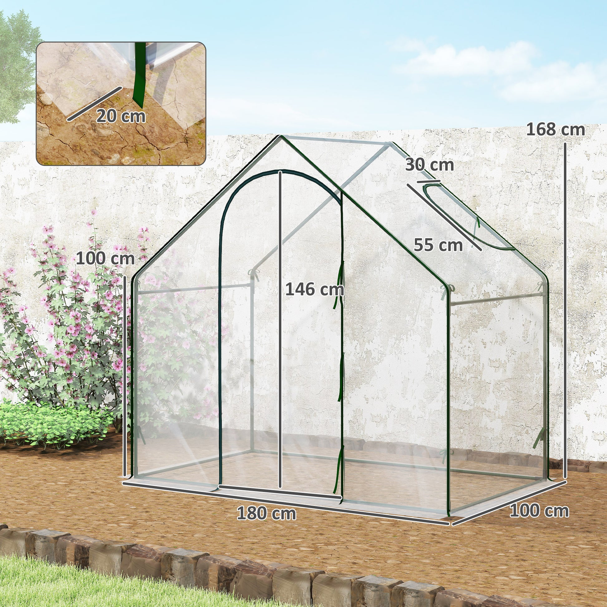 Outsunny Invernadero Pequeño, Invernadero de Exterior con Ventana y Puerta con Cremallera, Marco de Acero, Cubierta de Plástico Impermeable Anti-UV para Cultivar Plantas, 180x100x168 cm, Transparente