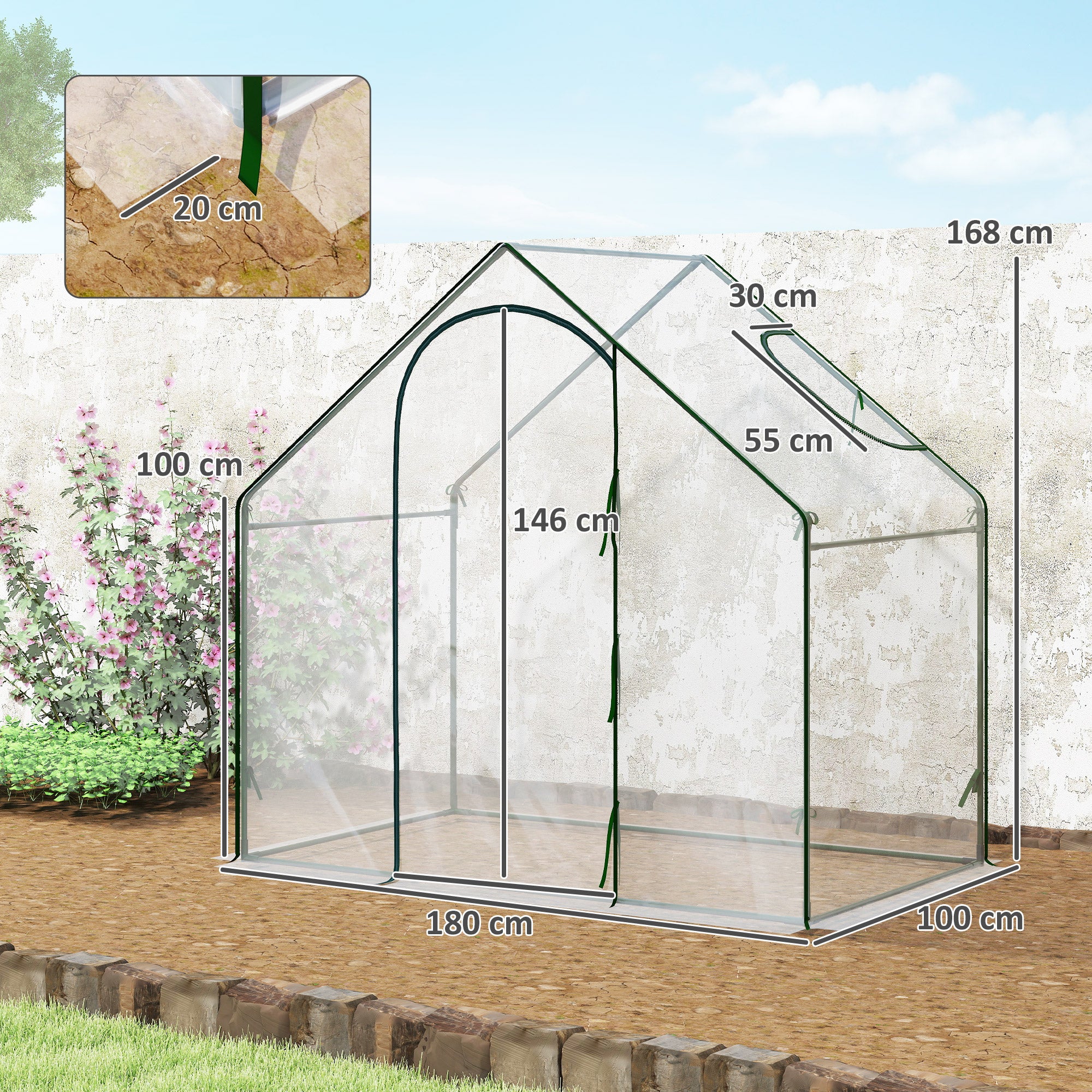 Outsunny Invernadero Pequeño, Invernadero de Exterior con Ventana y Puerta con Cremallera, Marco de Acero, Cubierta de Plástico Impermeable Anti-UV para Cultivar Plantas, 180x100x168 cm, Transparente