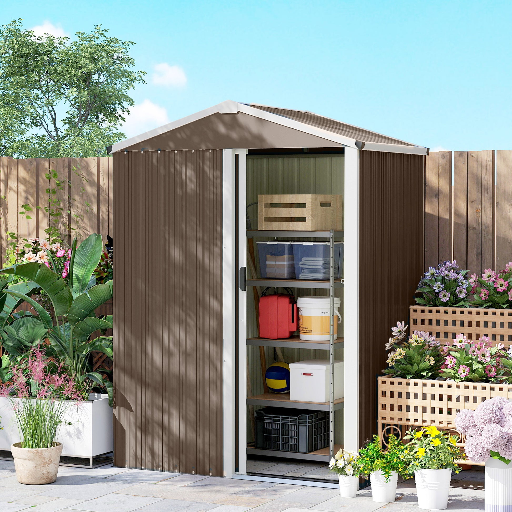 Outsunny Caseta de Jardín Exterior 1,1 m², 136x87x179 cm, Cobertizo de Jardín Exterior Metálico con Puerta Corredera, Techo Inclinado y Guantes, para Almacenaje de Herramientas Bicicletas, Marrón
