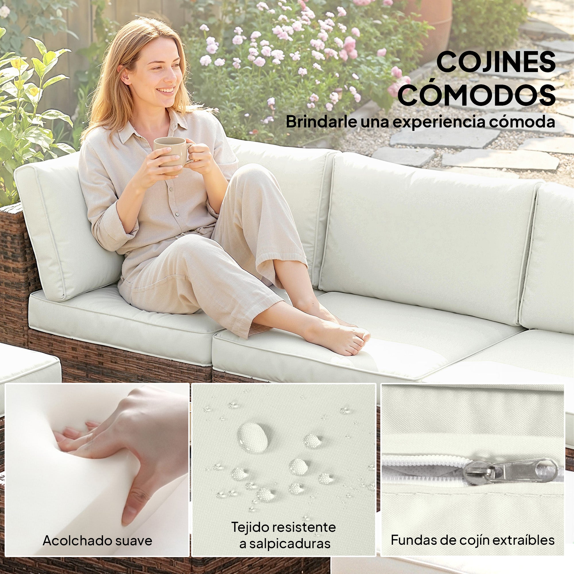Outsunny Conjunto de Jardín de Ratán de 6 Piezas, Conjunto Terraza Resistente, Muebles Jardín Exterior Incluye Cojines, 4 Módulos de Asiento, 1 Sofá Esquinero y Mesa Centro de Vidrio, Marrón Mixto