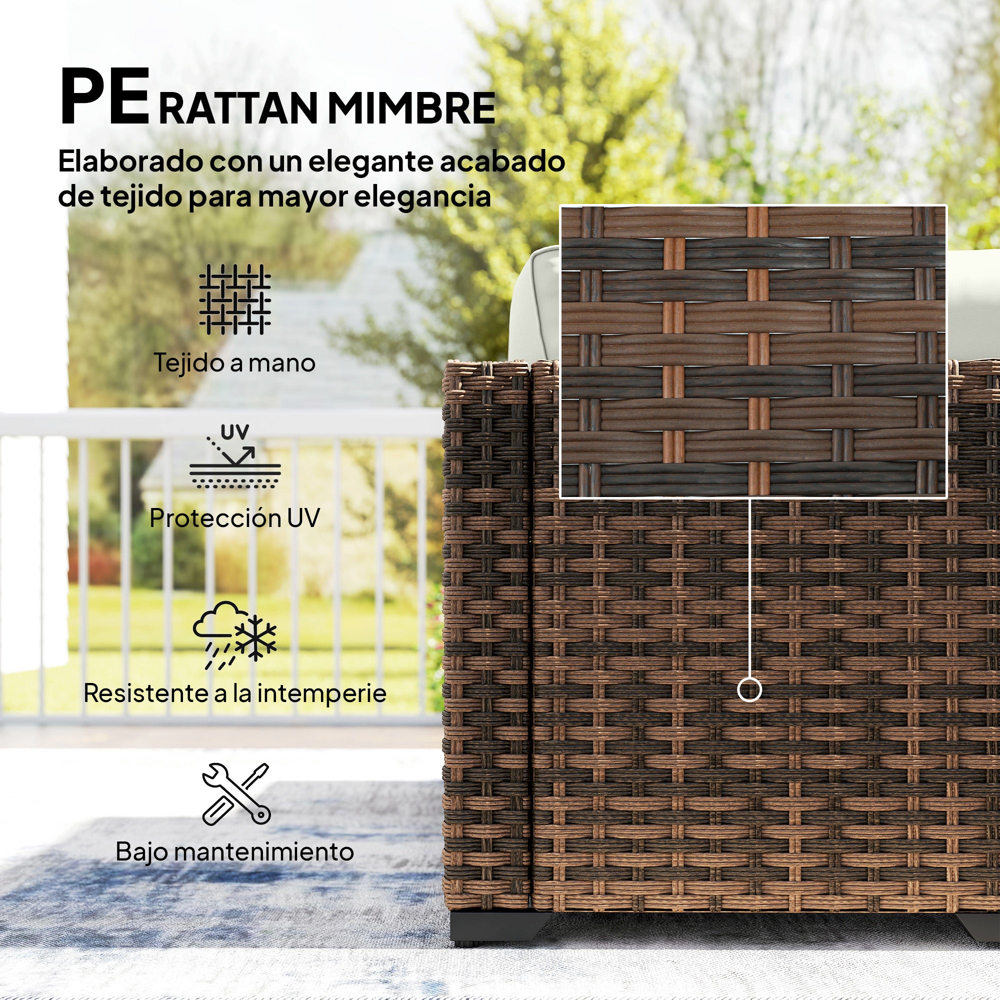 Outsunny Conjunto de Jardín de Ratán de 6 Piezas, Conjunto Terraza Resistente, Muebles Jardín Exterior Incluye Cojines, 4 Módulos de Asiento, 1 Sofá Esquinero y Mesa Centro de Vidrio, Marrón Mixto