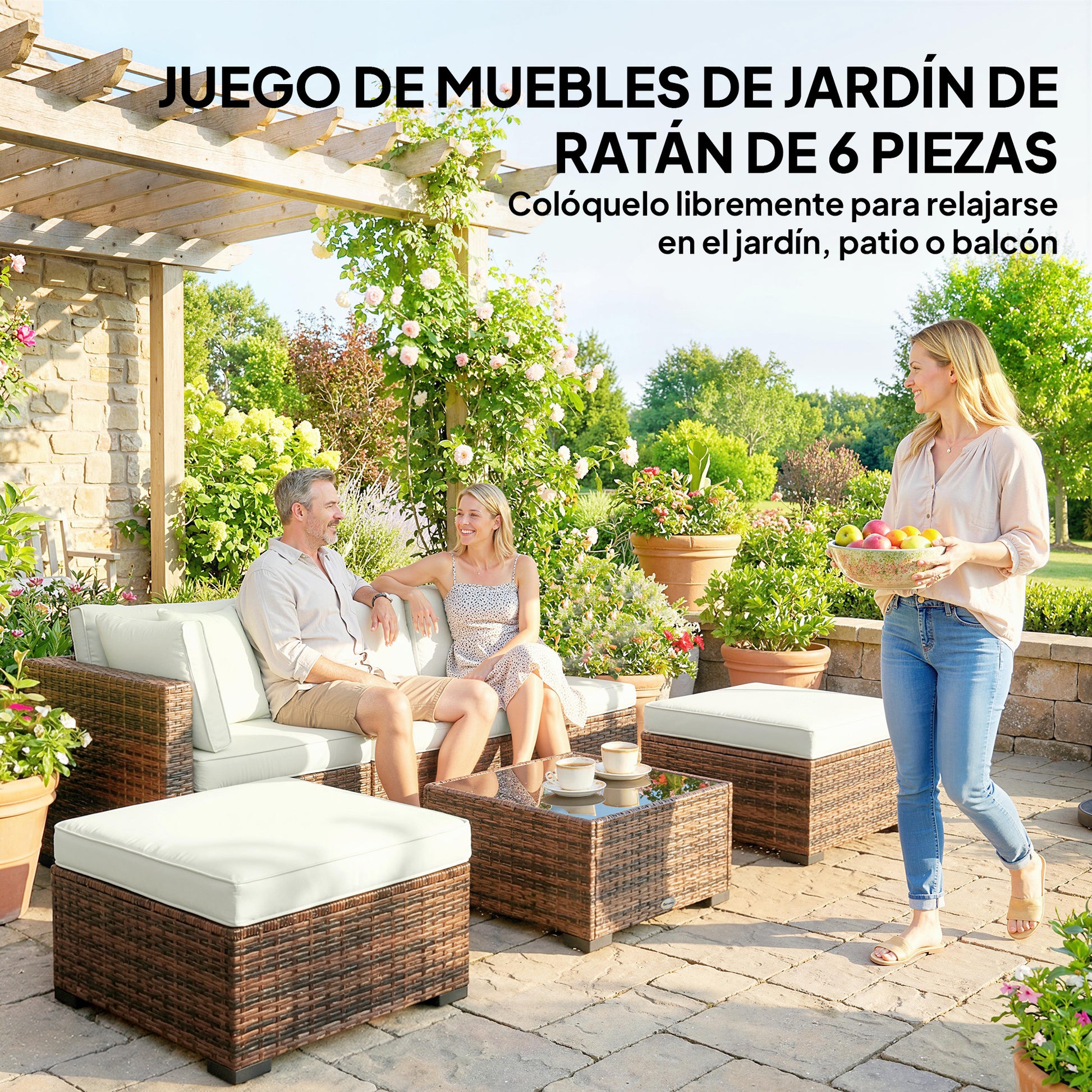 Outsunny Conjunto de Jardín de Ratán de 6 Piezas, Conjunto Terraza Resistente, Muebles Jardín Exterior Incluye Cojines, 4 Módulos de Asiento, 1 Sofá Esquinero y Mesa Centro de Vidrio, Marrón Mixto