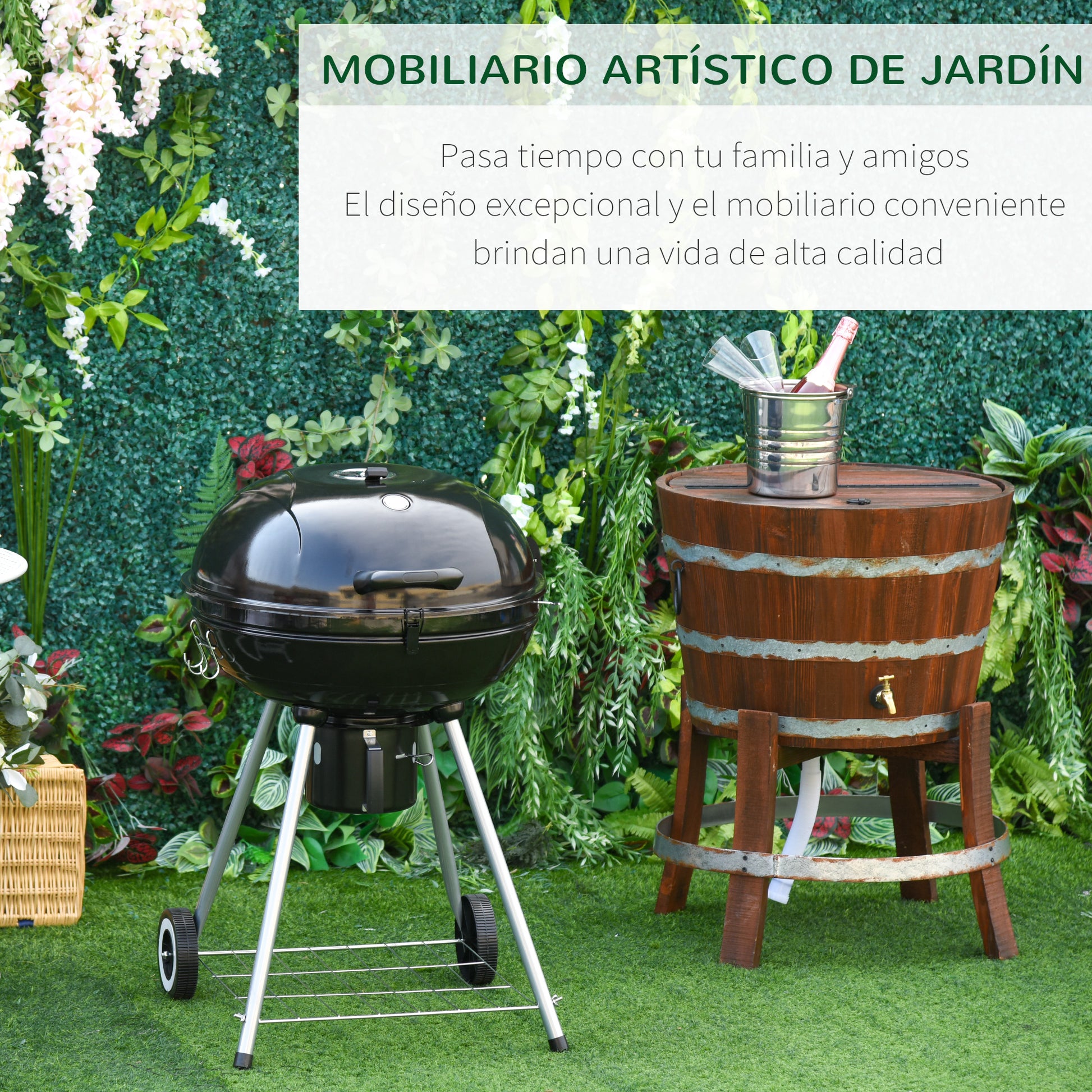 Outsunny Barbacoa de Carbón BBQ Picnic Ahumador Parilla con Termómetro Jardín Exterior Acampada Parilla de Carbón Vegetal con Ruedas y Estante Tapa y Tazón Esmaltados
