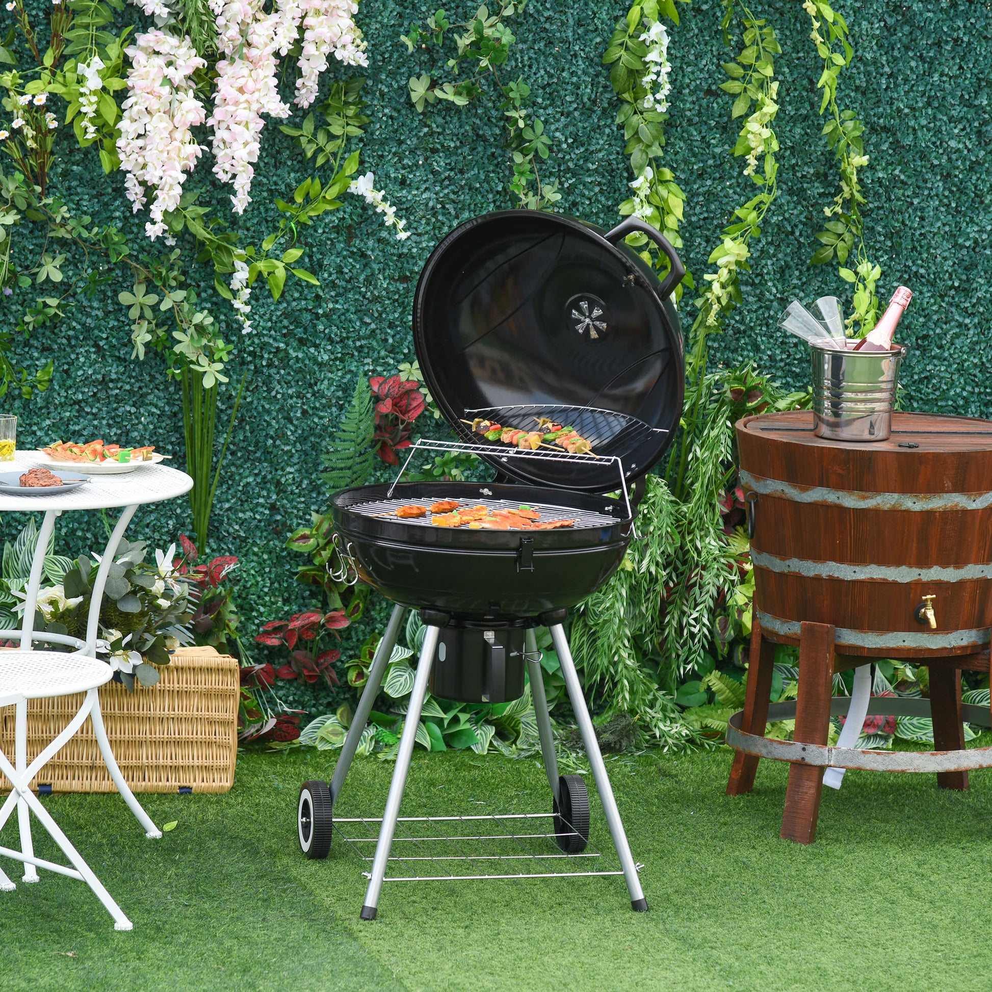 Outsunny Barbacoa de Carbón BBQ Picnic Ahumador Parilla con Termómetro Jardín Exterior Acampada Parilla de Carbón Vegetal con Ruedas y Estante Tapa y Tazón Esmaltados