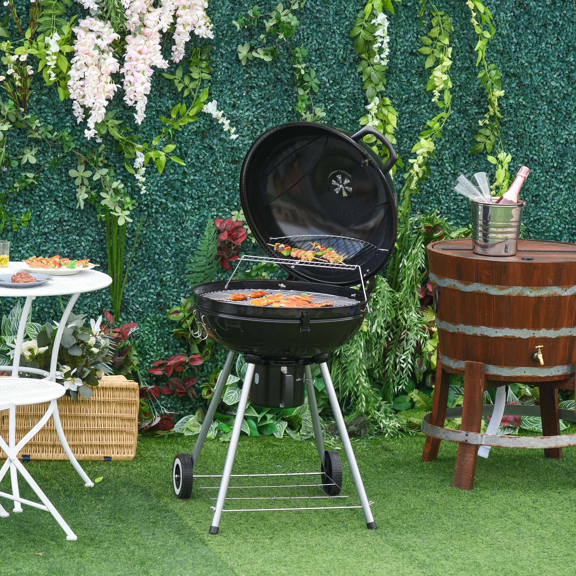Outsunny Barbacoa de Carbón BBQ Picnic Ahumador Parilla con Termómetro Jardín Exterior Acampada Parilla de Carbón Vegetal con Ruedas y Estante Tapa y Tazón Esmaltados