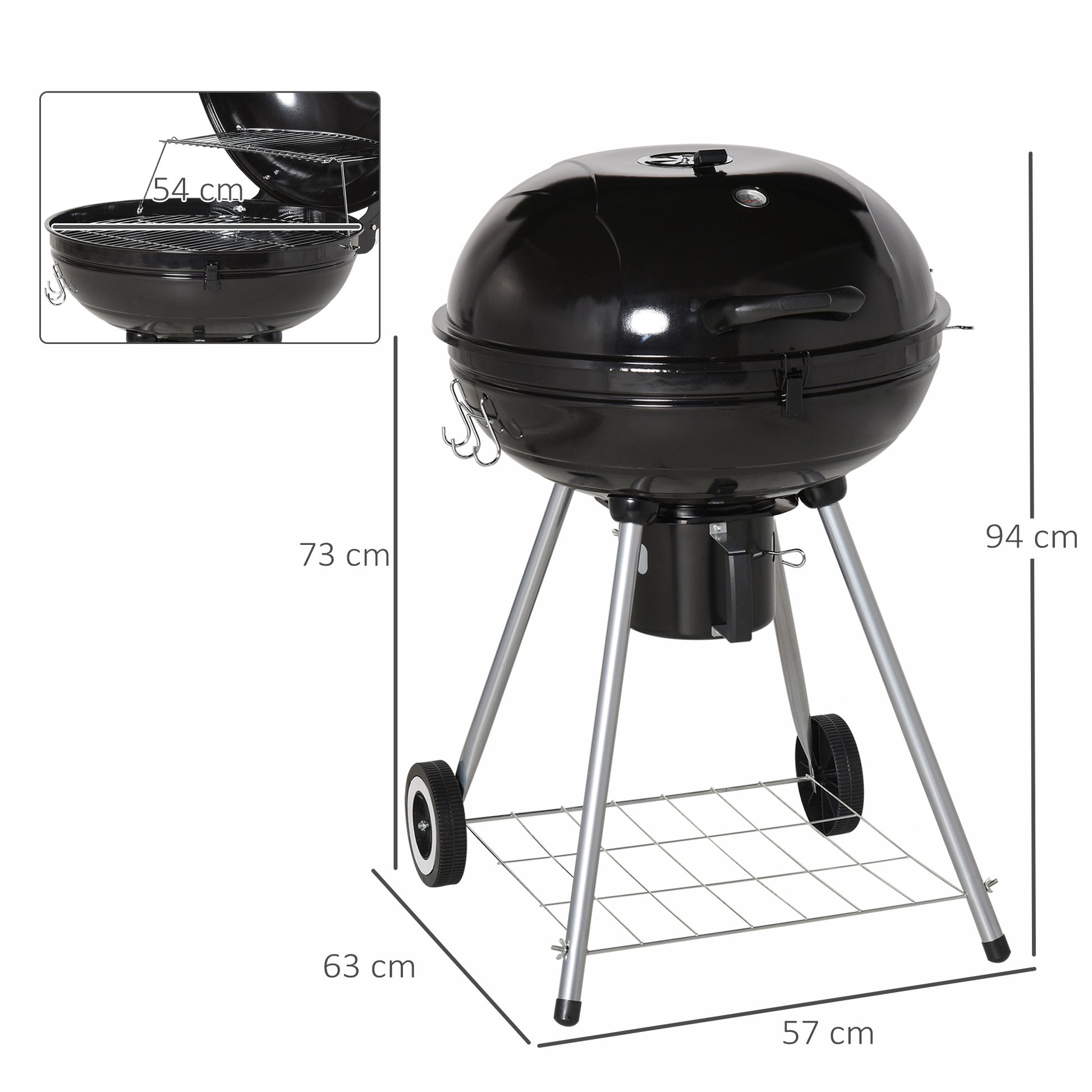 Outsunny Barbacoa de Carbón BBQ Picnic Ahumador Parilla con Termómetro Jardín Exterior Acampada Parilla de Carbón Vegetal con Ruedas y Estante Tapa y Tazón Esmaltados