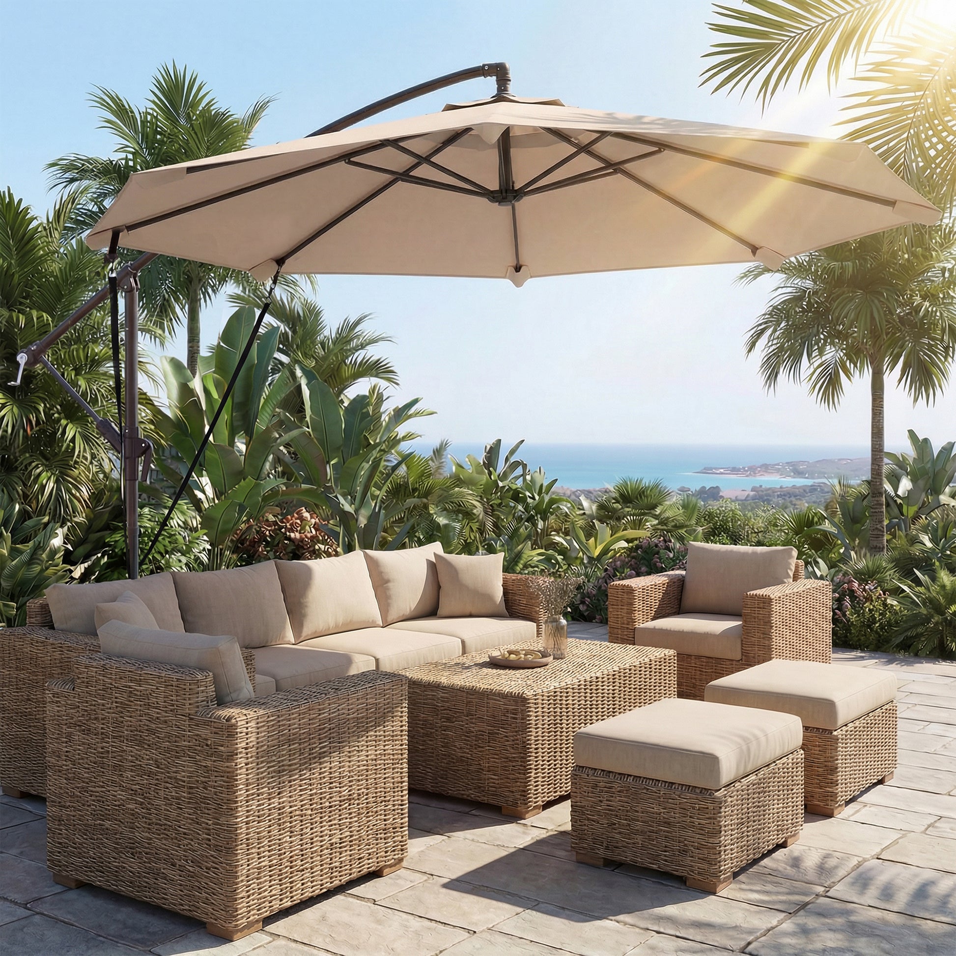 Outsunny Parasol Excéntrico, Ø300 cm, Sombrilla de Jardín con Base Cruzada, Manivela, Funda Protectora y Cuerdas de Viento, UPF30+, para Terraza, Patio, Caqui
