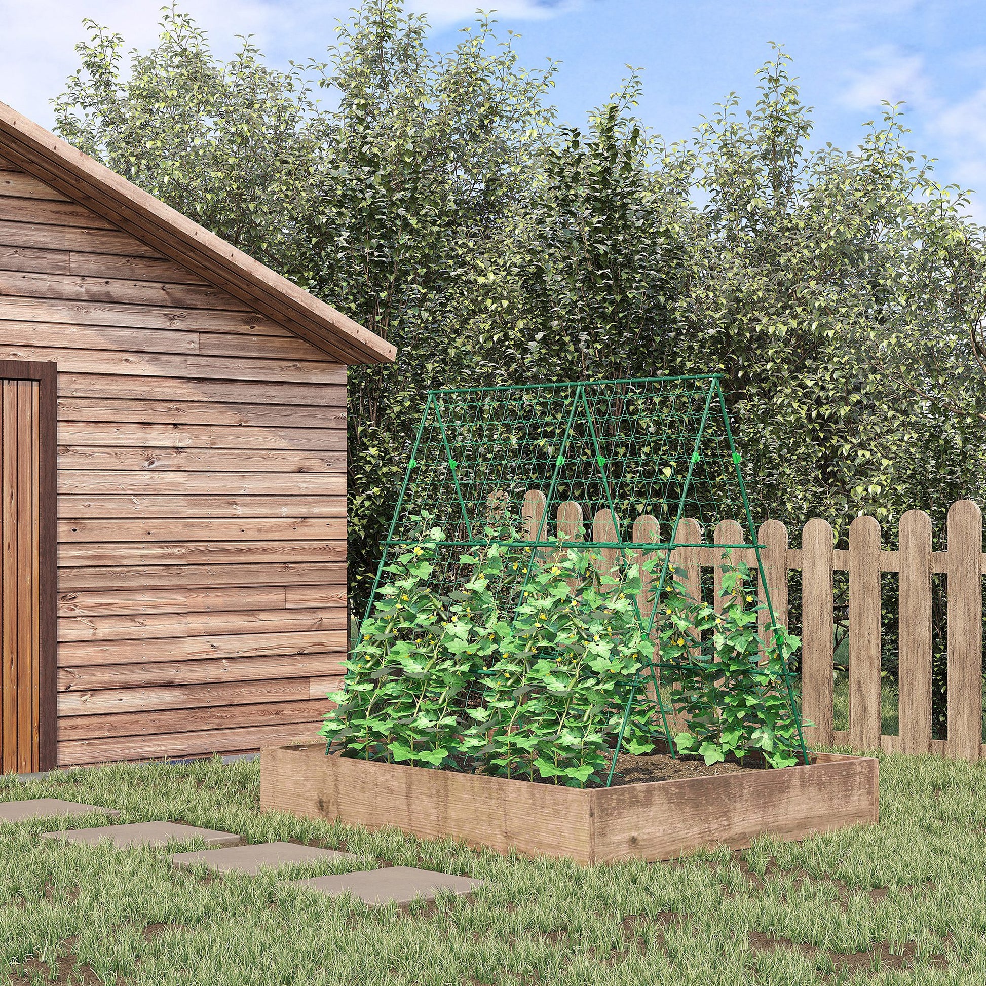 Outsunny Enrejado de Jardín Triángulo Soporte para Plantas Trepadoras con Marco de Acero para Frutas Verduras Flores Decoración Exterior Patio Terraza 180x100x180 cm Verde
