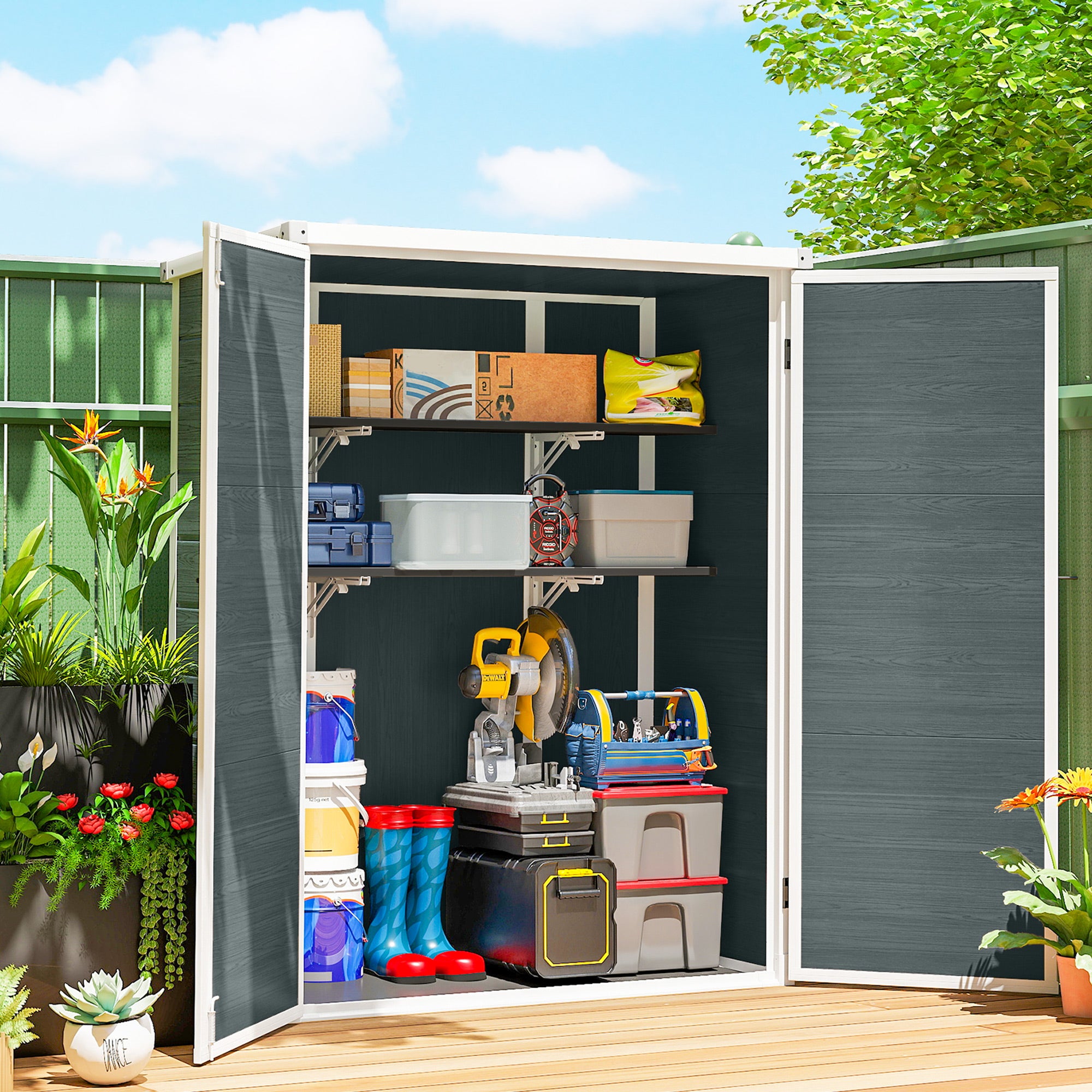 Outsunny Caseta de Jardín Exterior, 0,81 m², 134x68,5x170 cm, Cobertizo de Jardín Exterior de Plástico con Suelo, 2 Estantes Plegables, Puertas Dobles con Pestillo para Almacenaje Herramientas, Gris