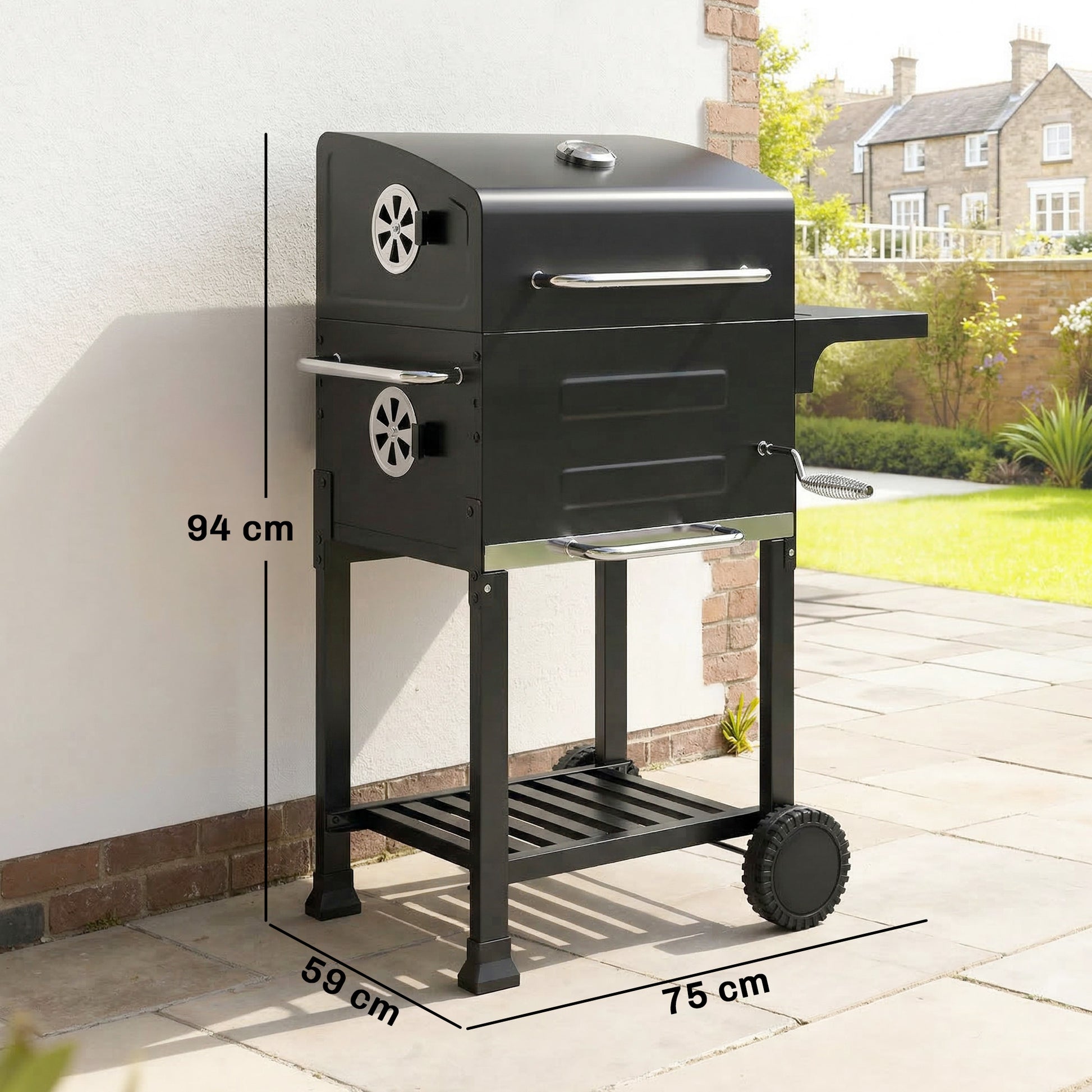 Outsunny Barbacoa de Carbón Portátil, Barbacoa de Carbón con Termómetro, Ventilación Ajustable, Parrilla de Acero Inoxidable, Estante Lateral, Tapa, Bandeja Cenizas, Ruedas, Estante Inferior, Negro