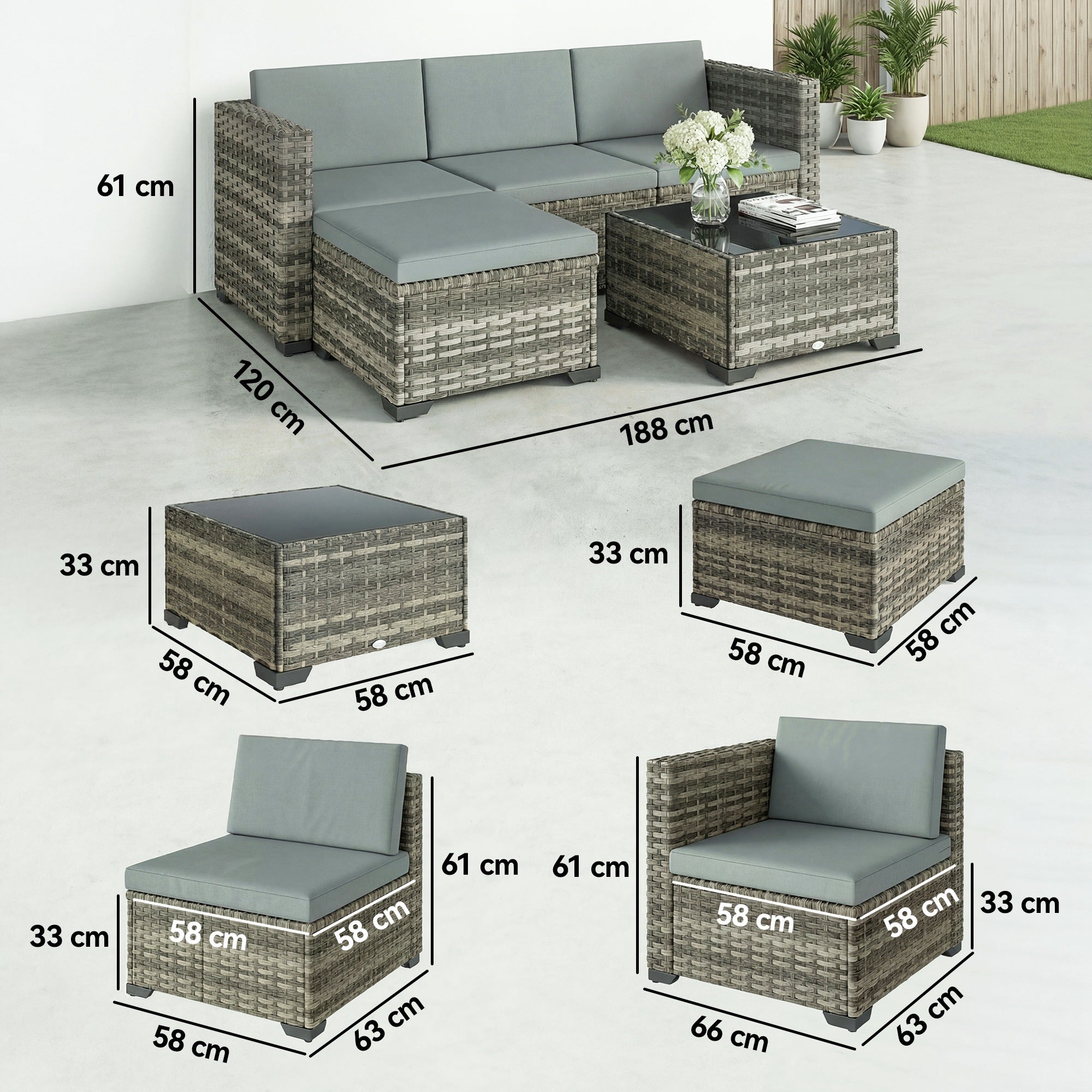 Outsunny Conjunto de Jardín de Ratán de 5 Piezas, Conjunto Terraza Resistente, Muebles Jardín Exterior Incluye Cojines, 2 Sillones de Esquina, Sillón sin Brazos, Reposapiés y Mesa Centro, Gris Claro
