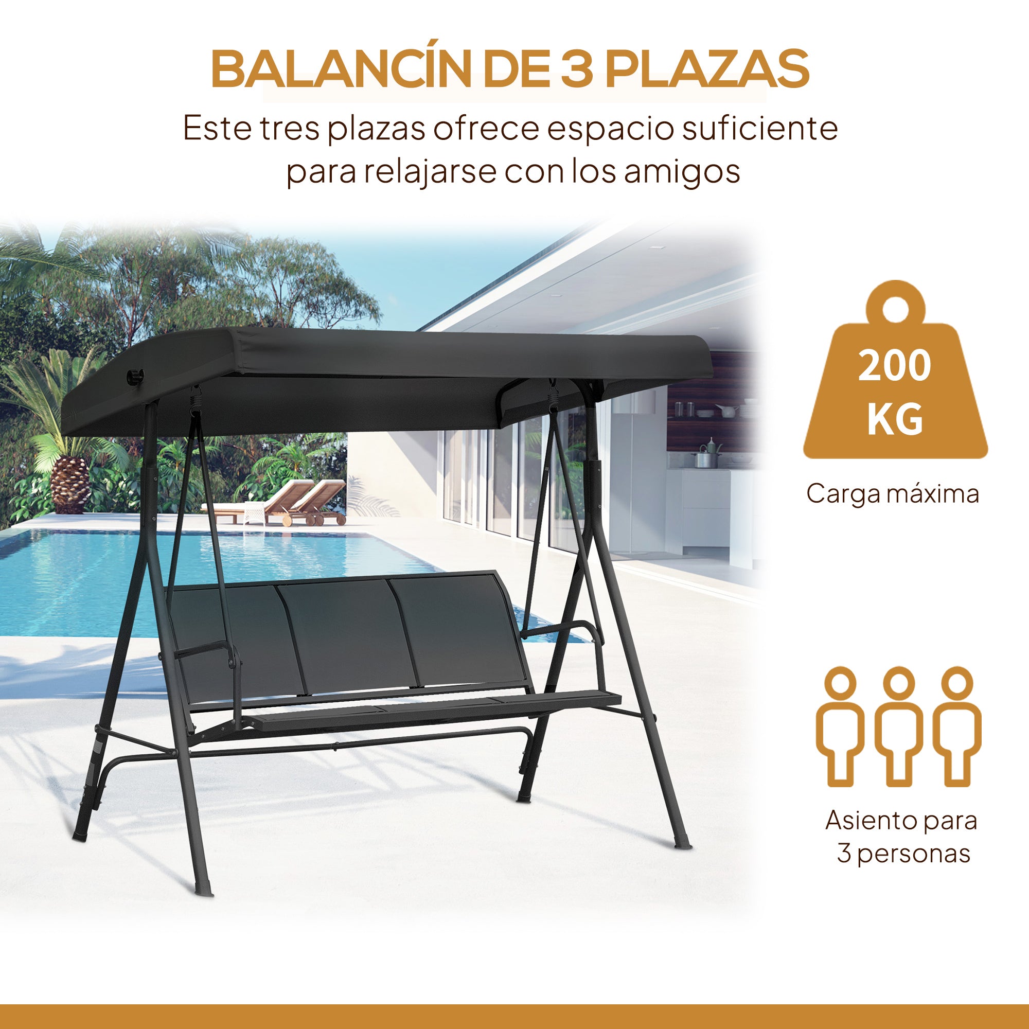 Outsunny Columpio de Jardín Exterior de 3 Plazas con Toldo Reclinable, Balancín de Jardín Exterior con Respaldo Transpirable y Marco de Acero, para Terraza Balcón, 175x118x159 cm, Negro