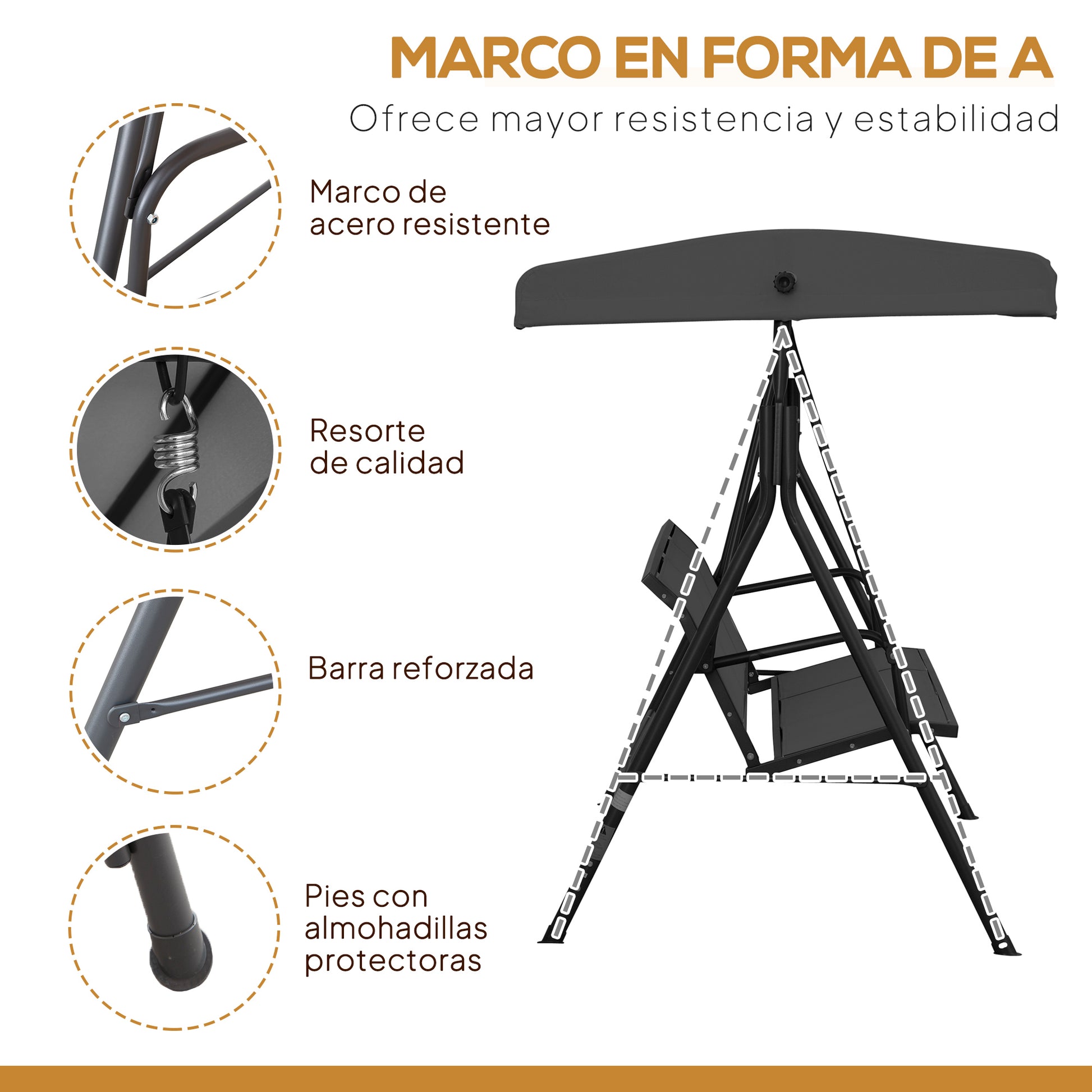 Outsunny Columpio de Jardín Exterior de 3 Plazas con Toldo Reclinable, Balancín de Jardín Exterior con Respaldo Transpirable y Marco de Acero, para Terraza Balcón, 175x118x159 cm, Negro