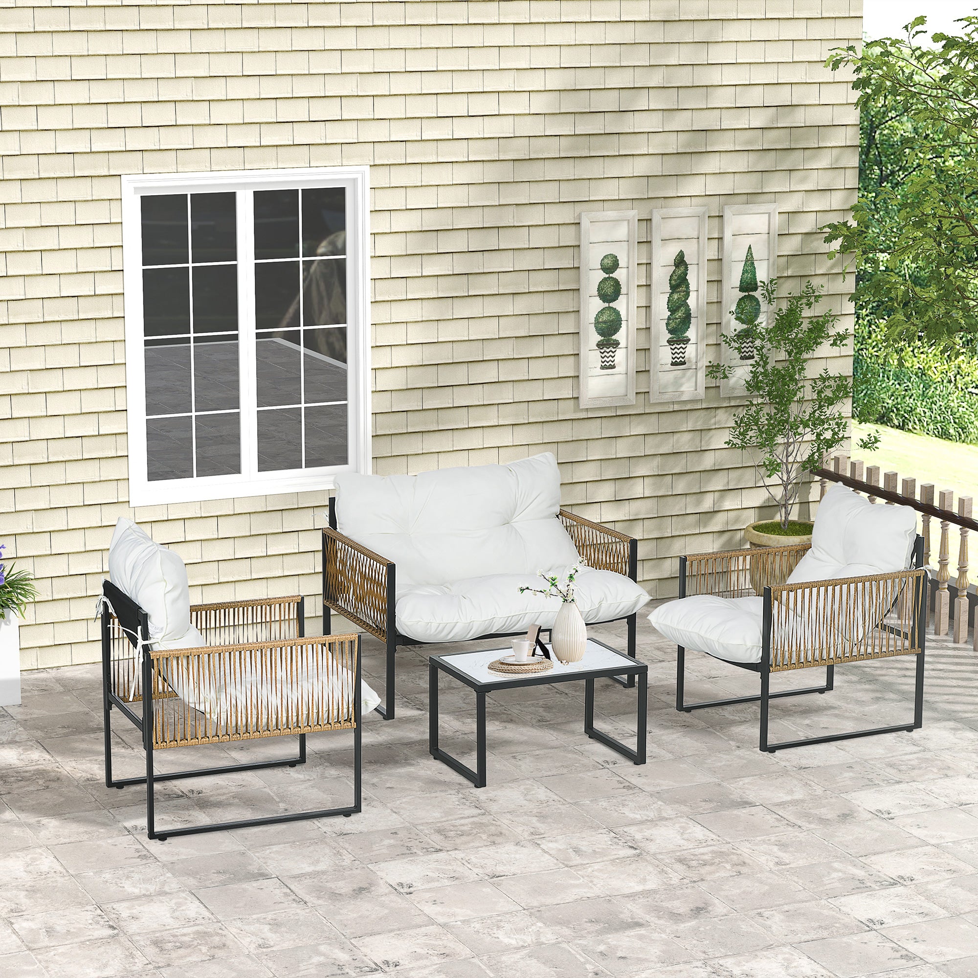 Outsunny Conjunto de Muebles de Jardín Exterior de Ratán Juego de 4 Piezas Muebles de Terraza con 1 Sofá de 2 Plazas 2 Sillones Cojines y 1 Mesa de Centro de Tablero de Vidrio para Patio Crema