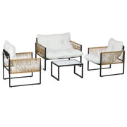 Outsunny Conjunto de Muebles de Jardín Exterior de Ratán Juego de 4 Piezas Muebles de Terraza con 1 Sofá de 2 Plazas 2 Sillones Cojines y 1 Mesa de Centro de Tablero de Vidrio para Patio Crema