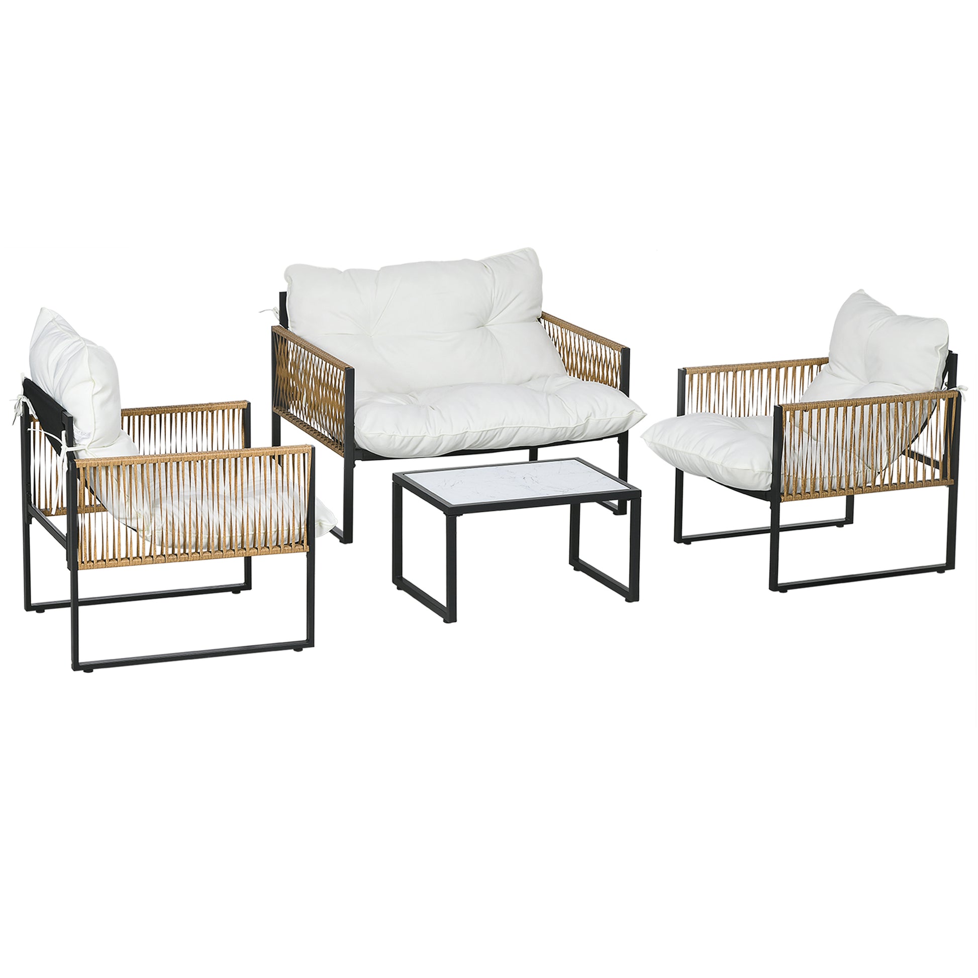 Outsunny Conjunto de Muebles de Jardín Exterior de Ratán Juego de 4 Piezas Muebles de Terraza con 1 Sofá de 2 Plazas 2 Sillones Cojines y 1 Mesa de Centro de Tablero de Vidrio para Patio Crema