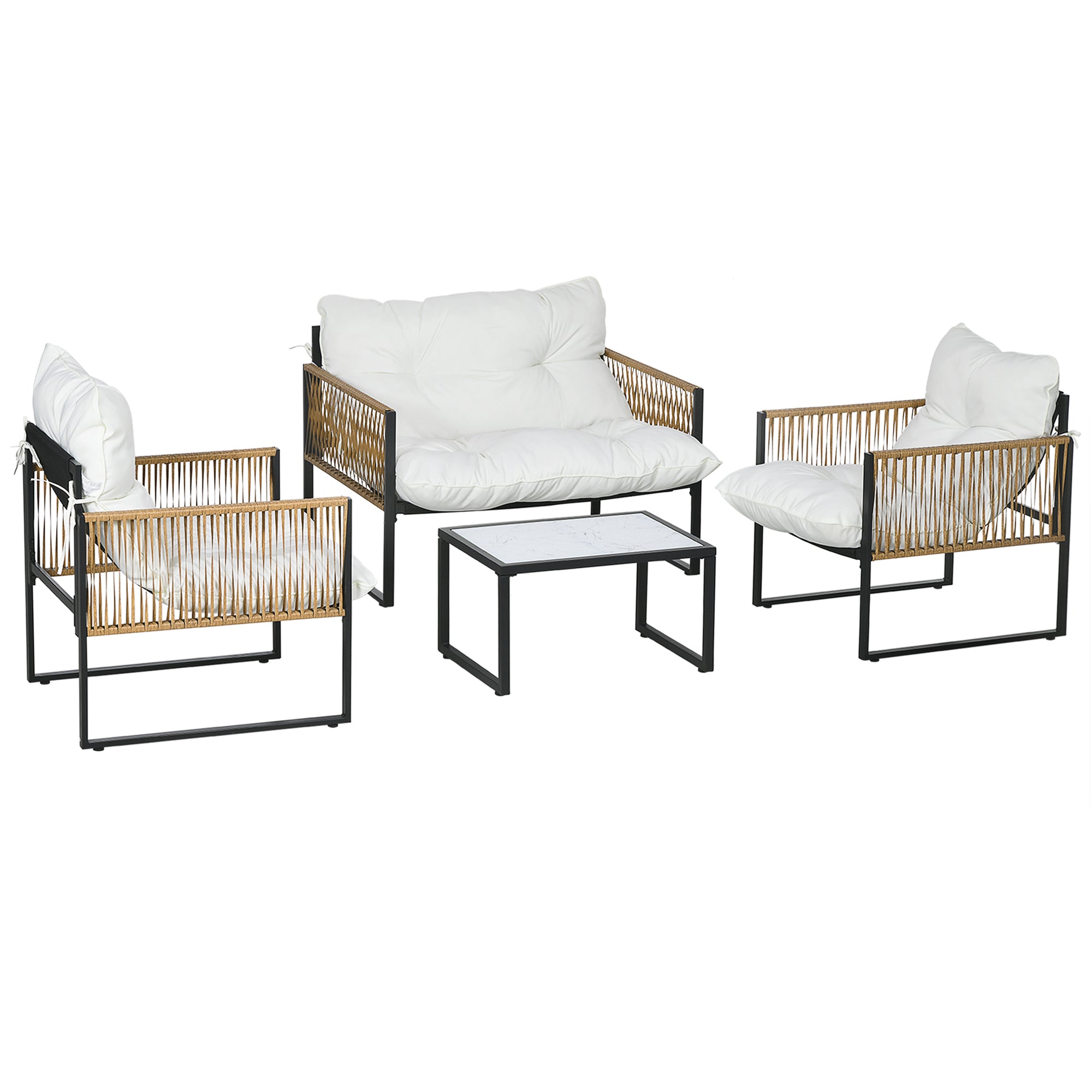Outsunny Conjunto de Muebles de Jardín Exterior de Ratán Juego de 4 Piezas Muebles de Terraza con 1 Sofá de 2 Plazas 2 Sillones Cojines y 1 Mesa de Centro de Tablero de Vidrio para Patio Crema