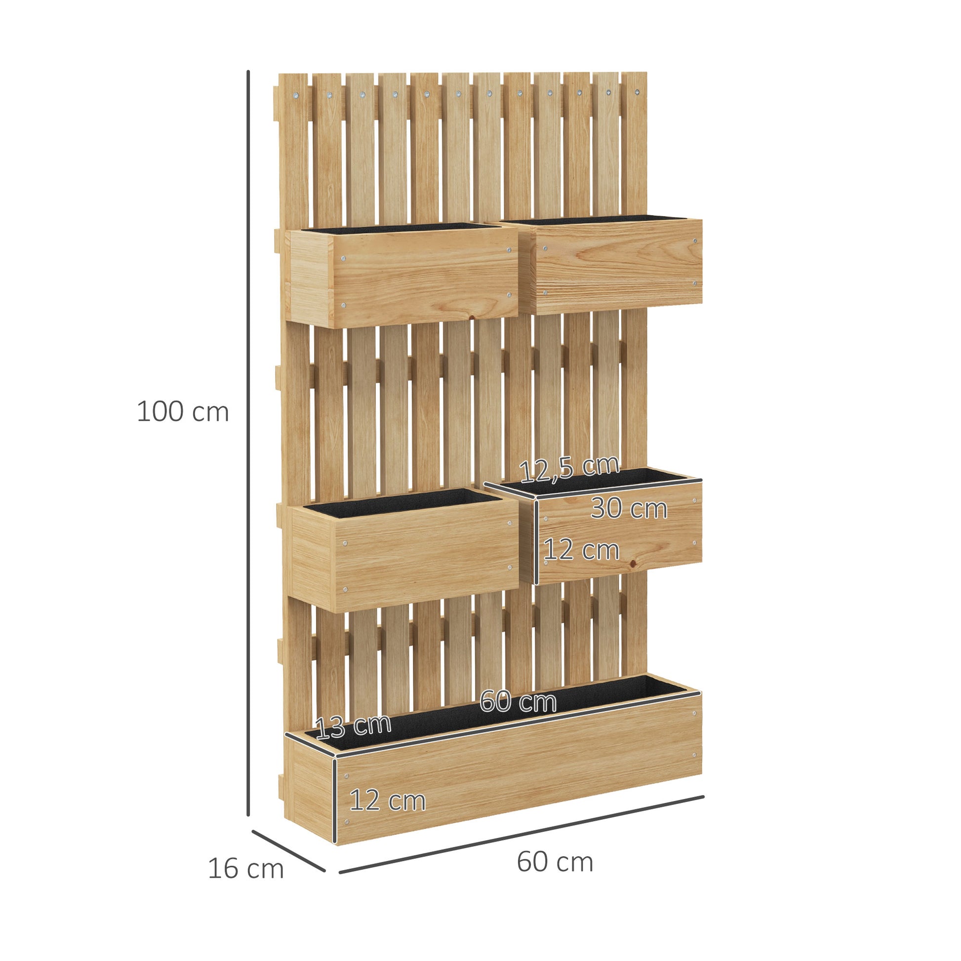 Outsunny Jardinera de Pared con Enrejado, Jardinera Exterior Grande de Madera con 5 Macetas Móviles, Tela no tejida y Orificios de Drenaje, para Exterior, Jardín, Terraza, Patio, 60x16x100 cm, Natural