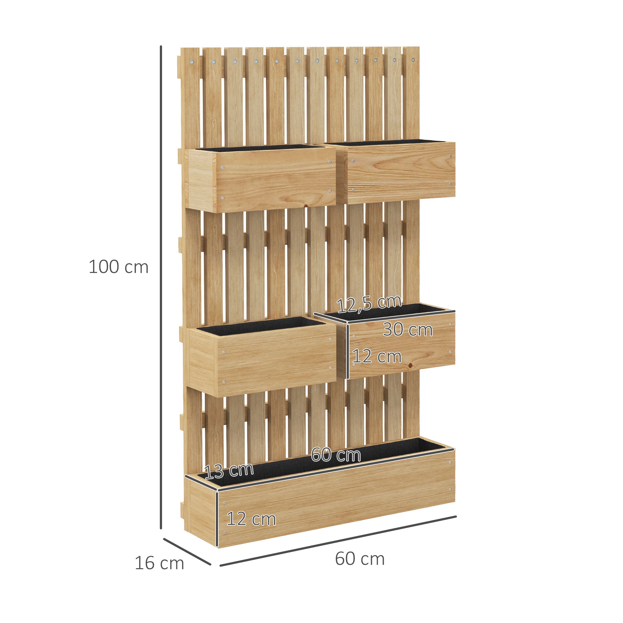 Outsunny Jardinera de Pared con Enrejado, Jardinera Exterior Grande de Madera con 5 Macetas Móviles, Tela no tejida y Orificios de Drenaje, para Exterior, Jardín, Terraza, Patio, 60x16x100 cm, Natural