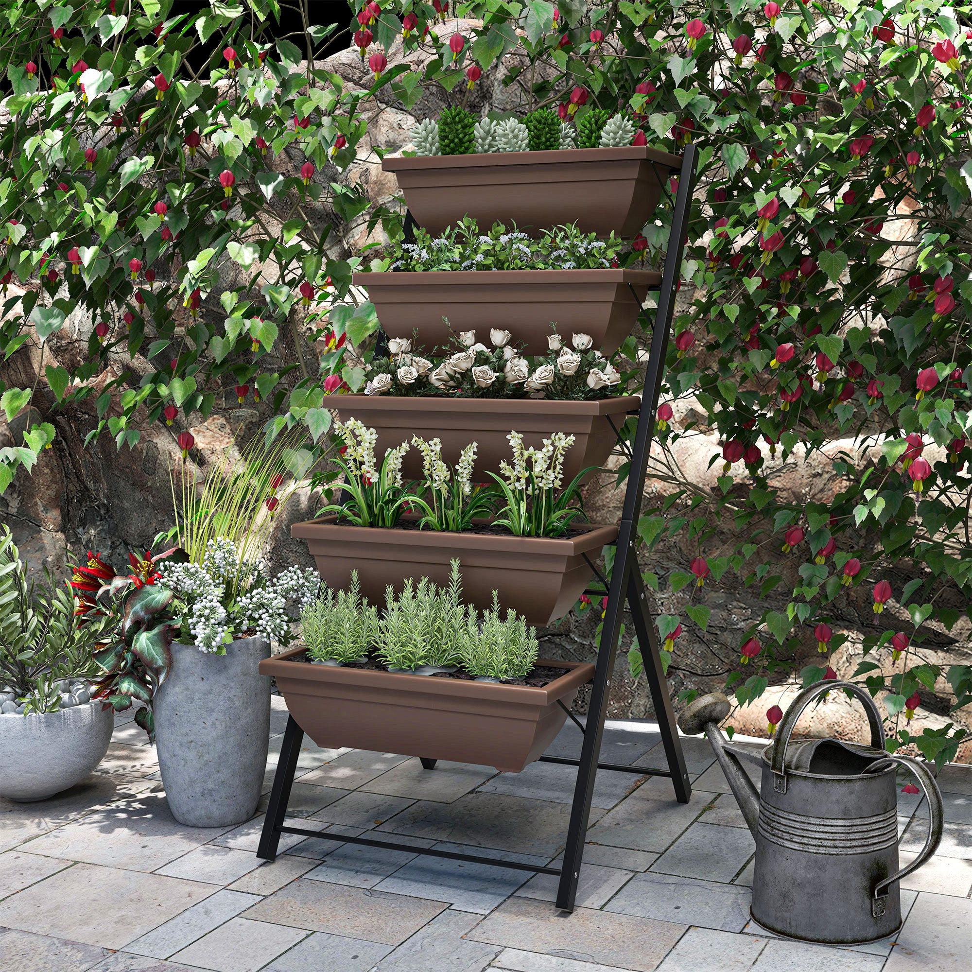 Outsunny Soporte para Plantas de 5 Niveles con 5 Macetas, Estantería para Plantas para Esquina, Orificios de Drenaje, Diseño en Escalera, Soporte para Macetas, Interior y Exterior, 55x63x120 cm, Negro