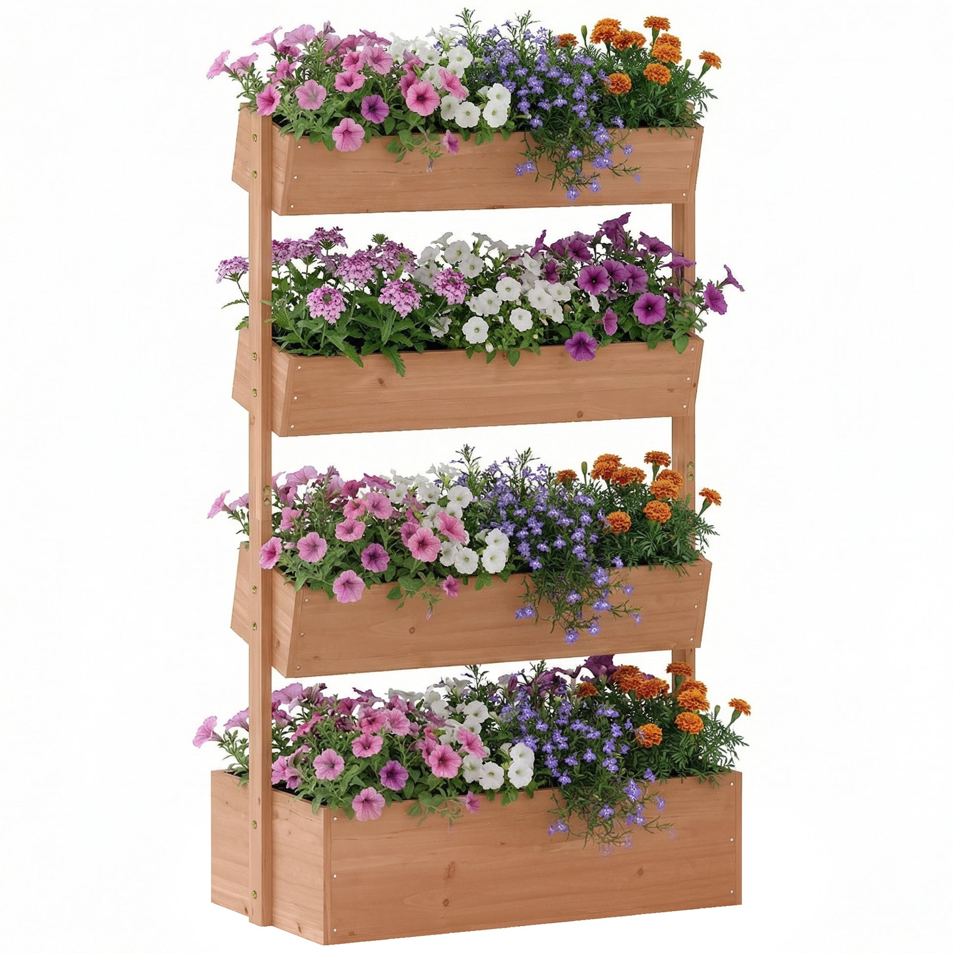 Outsunny Jardinera de Madera de 4 Niveles, Jardinera Exterior Elevada con Orificios de Drenaje y Tela no Tejida, Macetero para Cultivos, Plantas, Flores, para Terraza, Jardín, 85x45x140 cm, Marrón