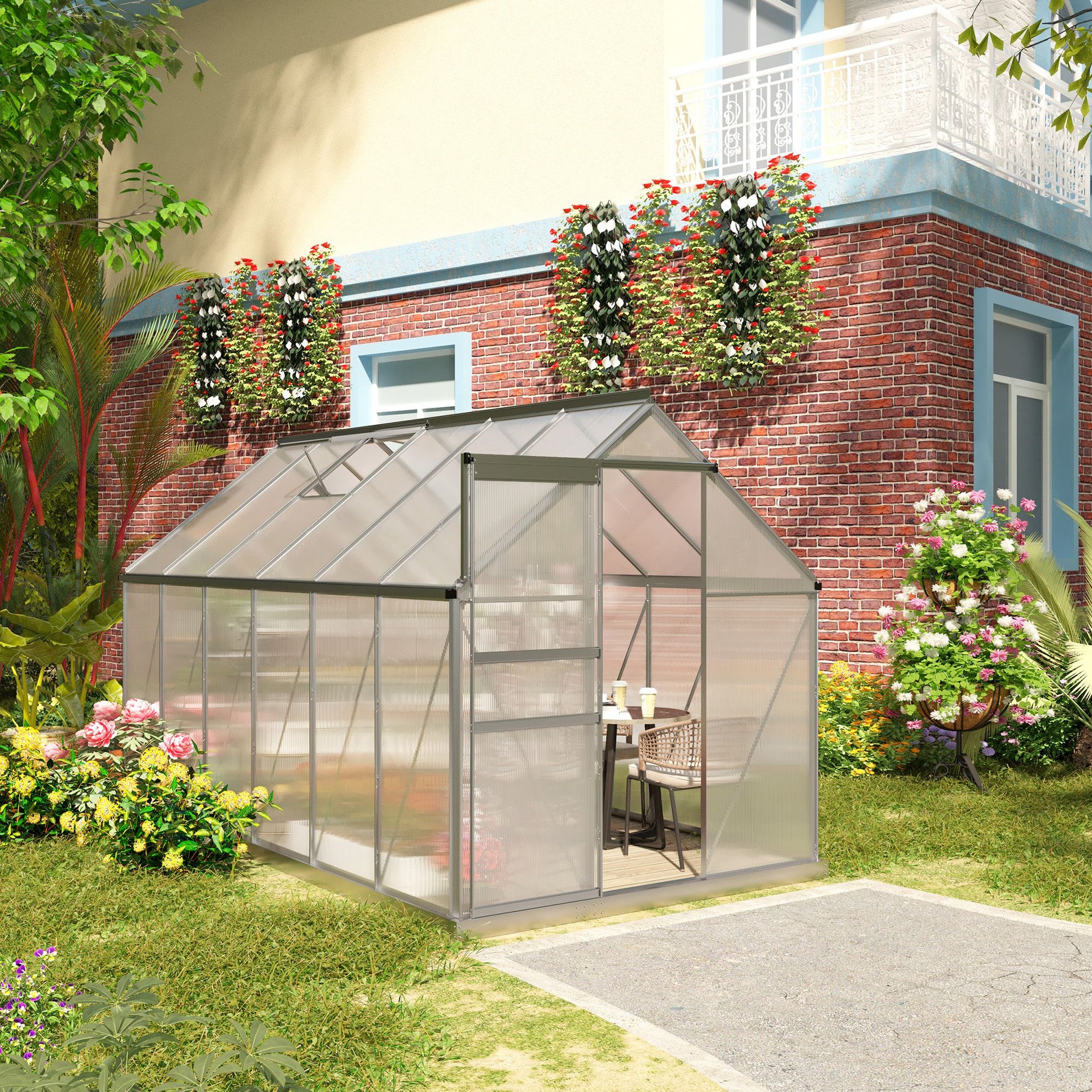 Outsunny Invernadero Policarbonato Aluminio de Jardín 190x375x199 cm 7,1m² Caseta de Exterior con Base Puerta Corredera y 2 Tragaluces para Cultivo Plantas Semillas Transparente
